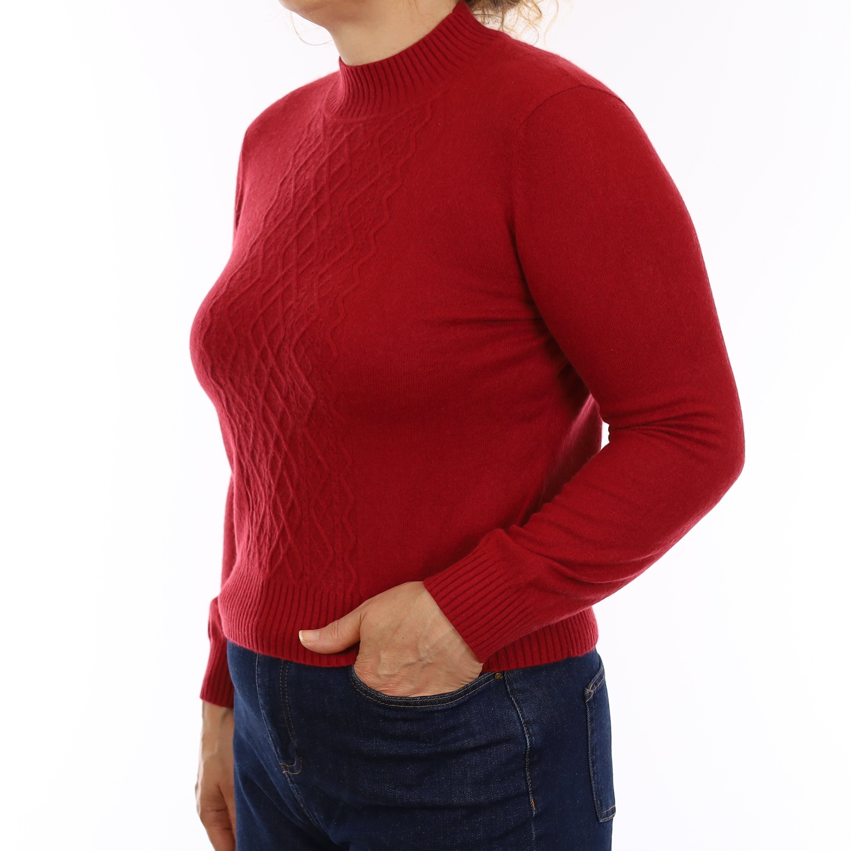 Crimson Red Cable Detail Cashmere Turtleneck Jumper Medium