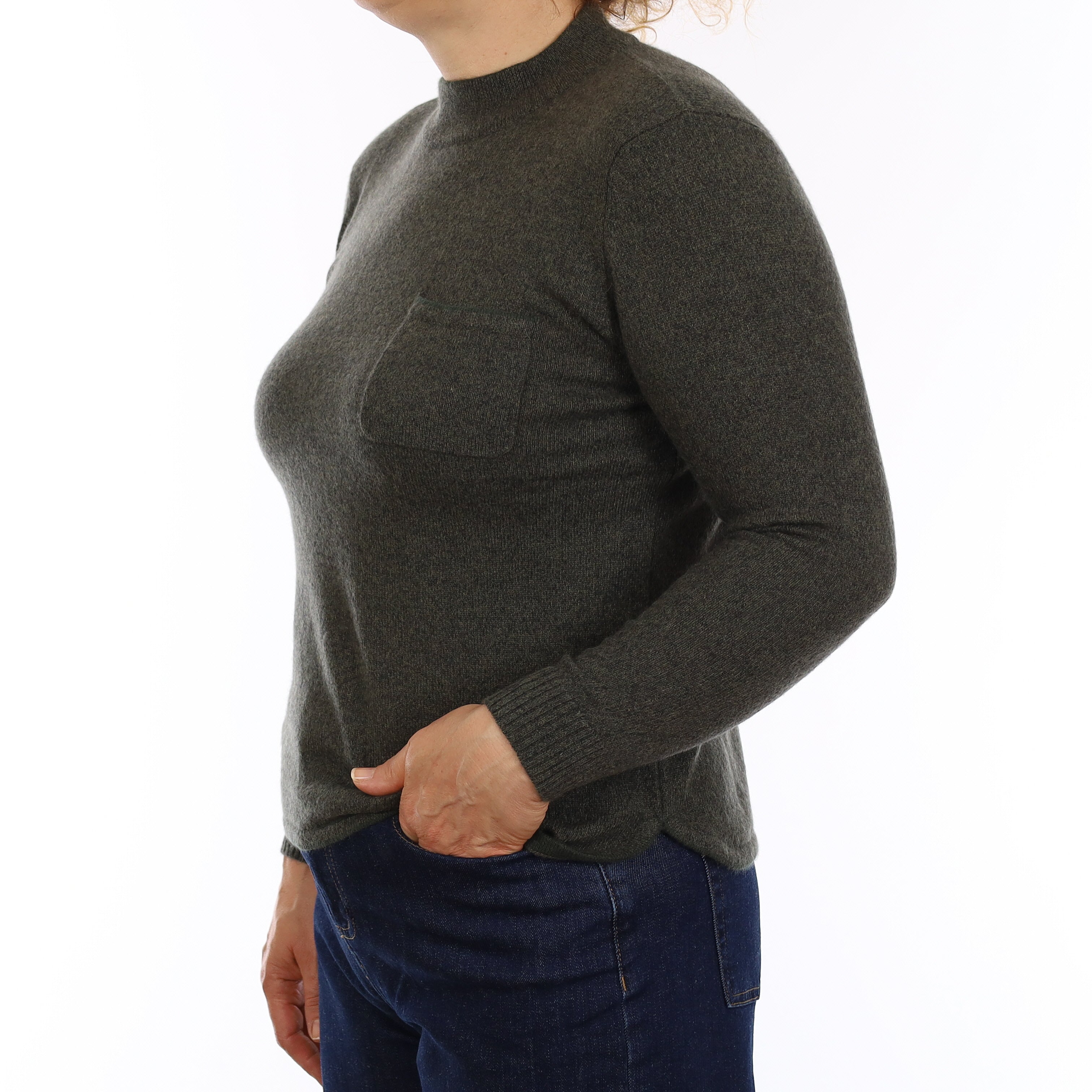 Khaki Green Marl Cashmere Turtleneck Jumper Medium