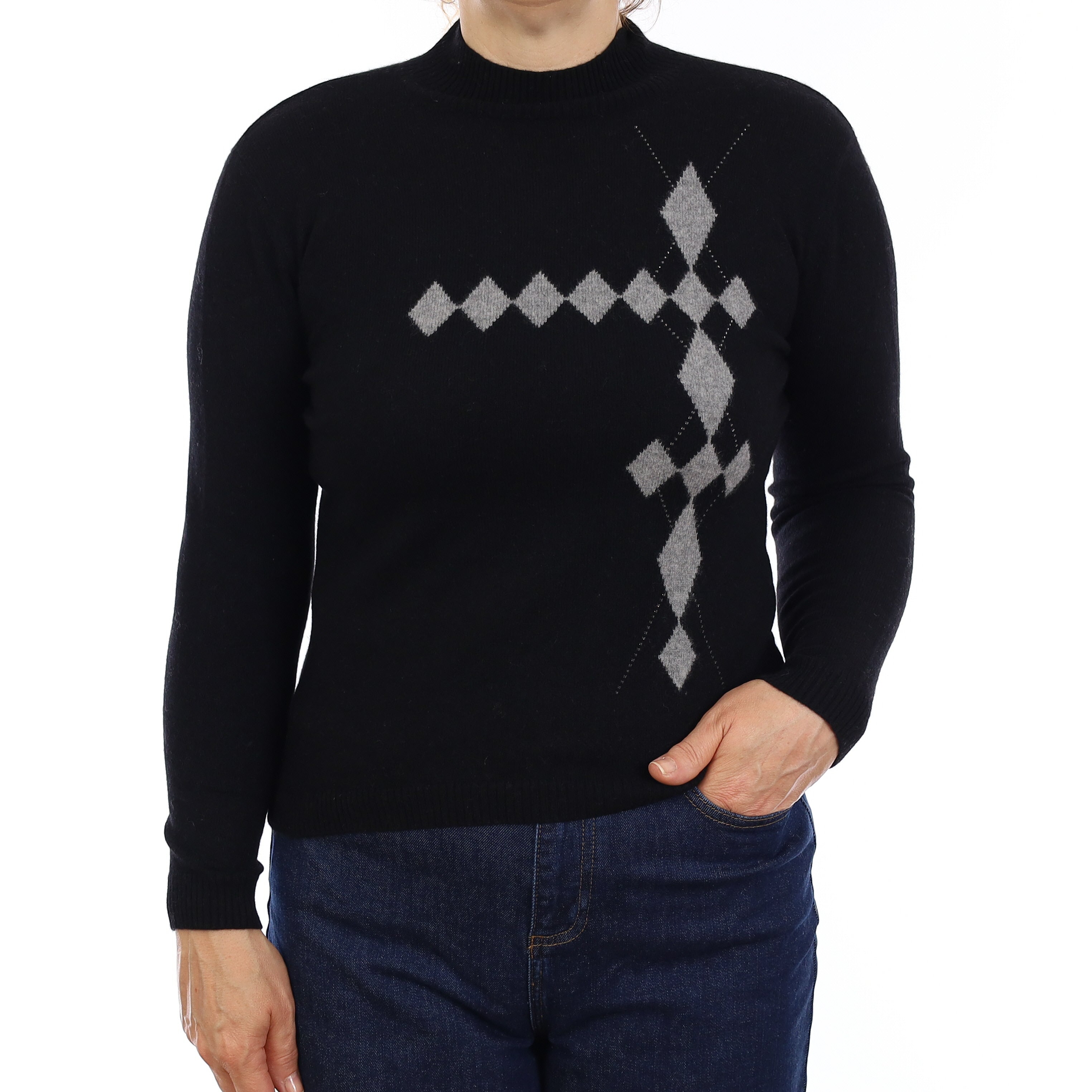 Black and Grey Diamond Cashmere Turtleneck Jumper Medium
