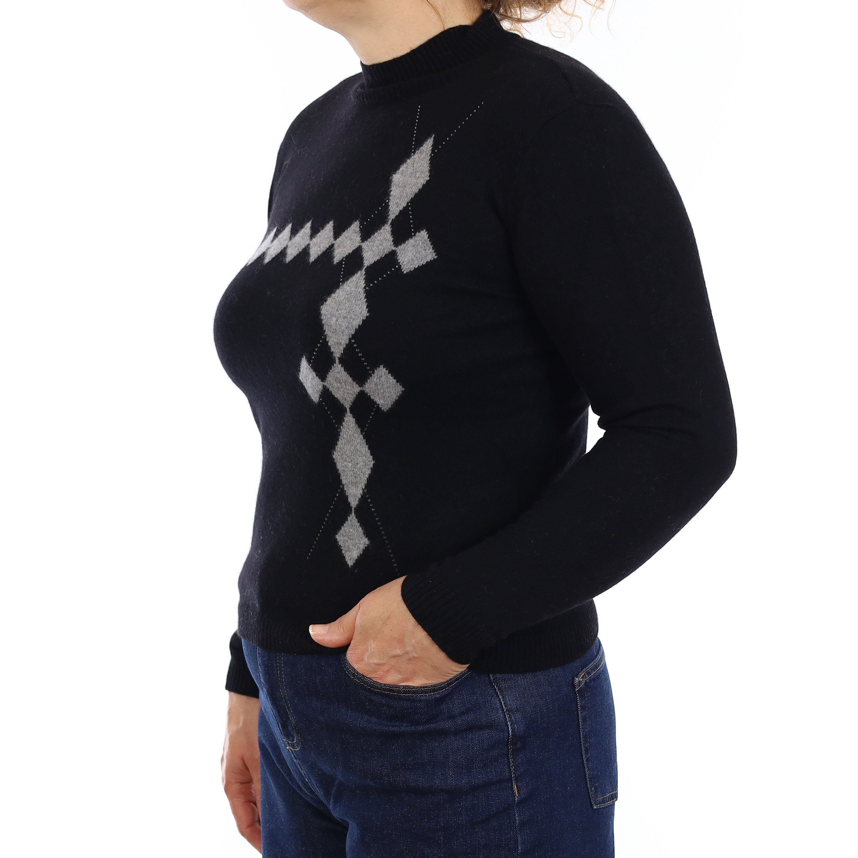 Black and Grey Diamond Cashmere Turtleneck Jumper Medium