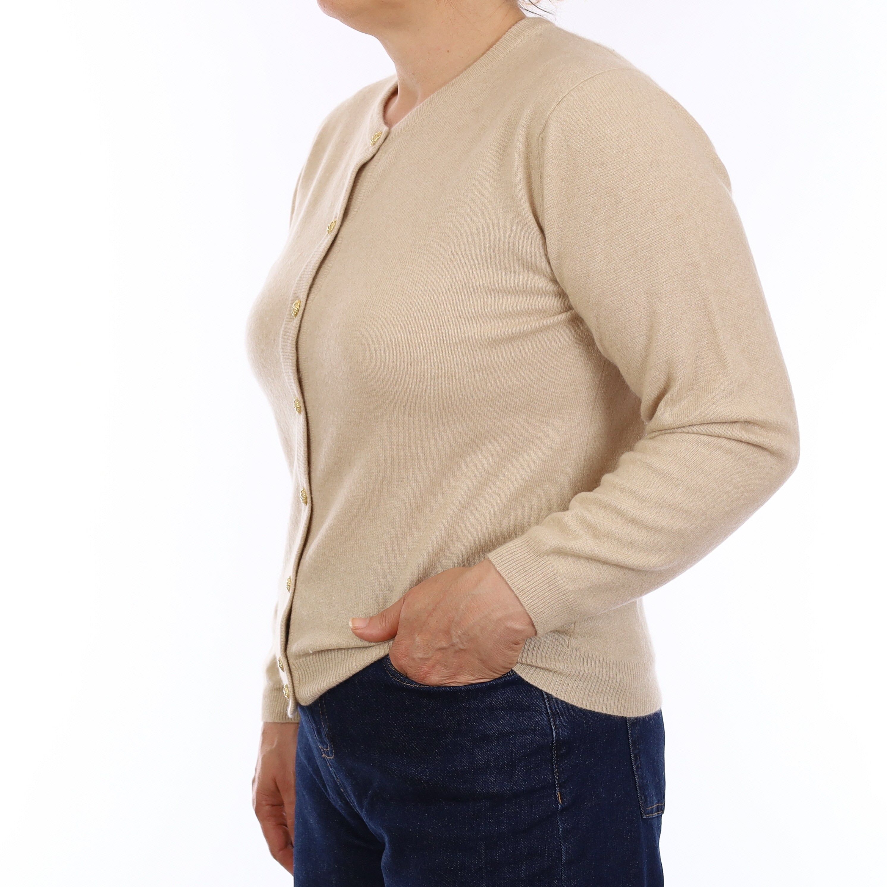 Sand Beige Cashmere Crew Neck Cardigan Medium