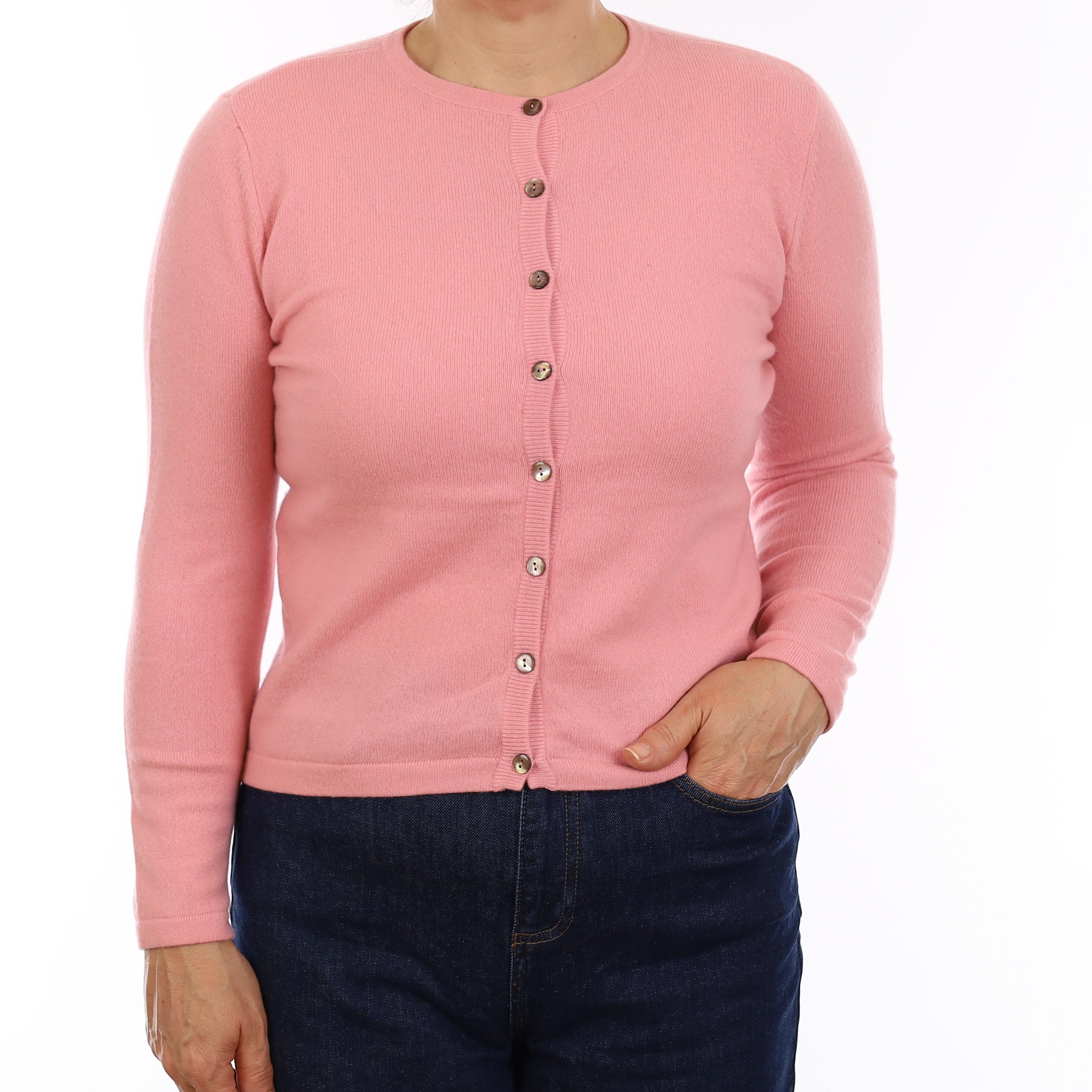 Carnation Pink Cashmere Crew Neck Cardigan Medium
