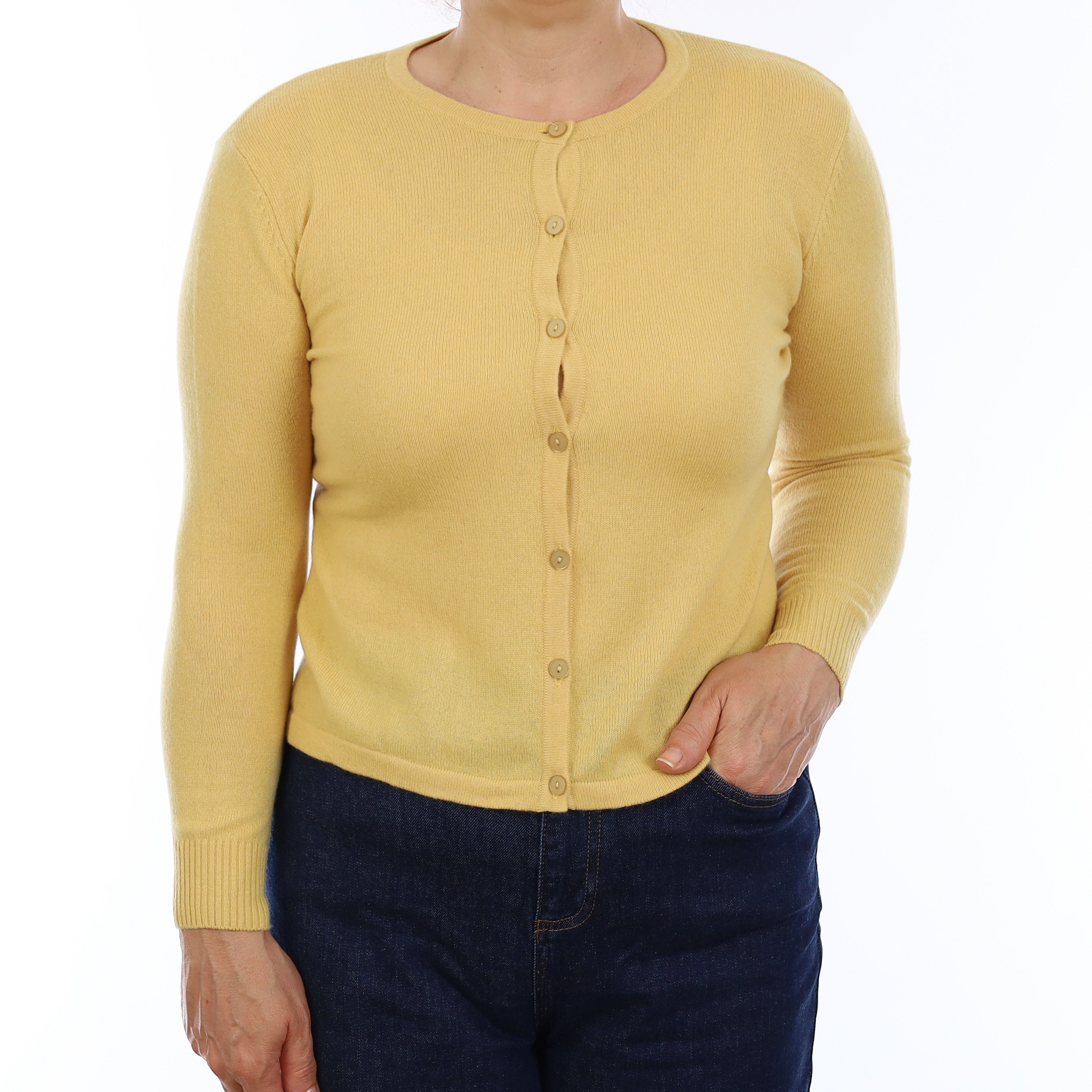 Chamomile Yellow Cashmere Crew Neck Cardigan Medium