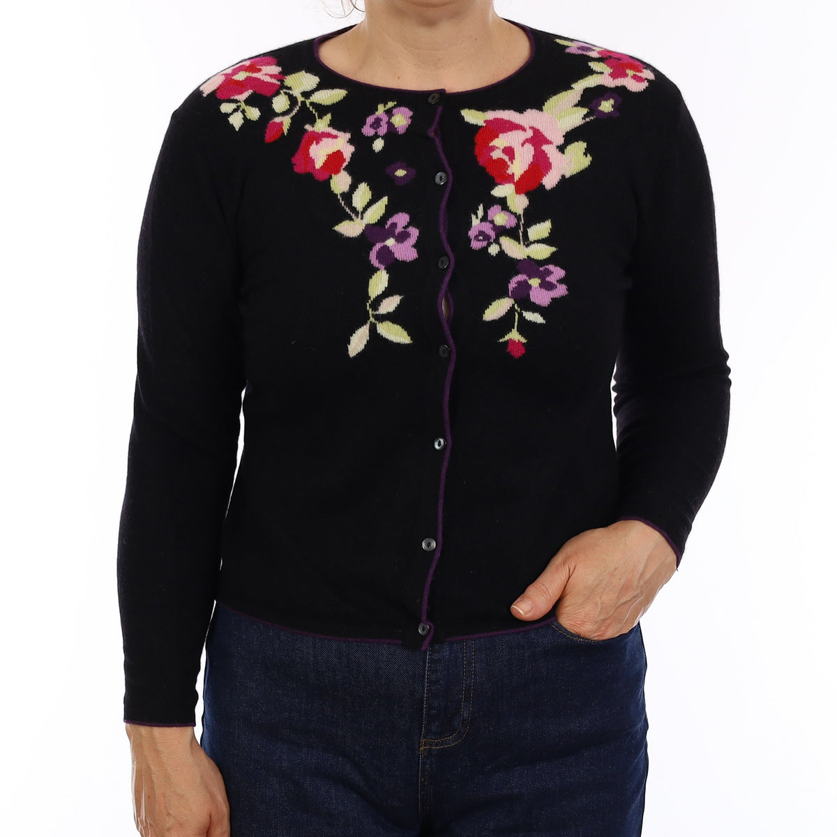 Black and Pink Floral Cashmere Crew Neck Cardigan Medium