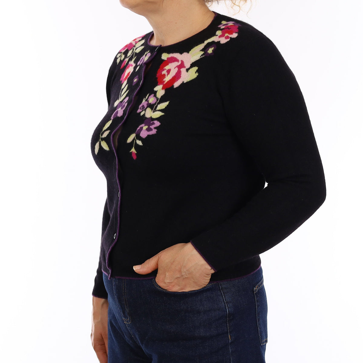 Black and Pink Floral Cashmere Crew Neck Cardigan Medium