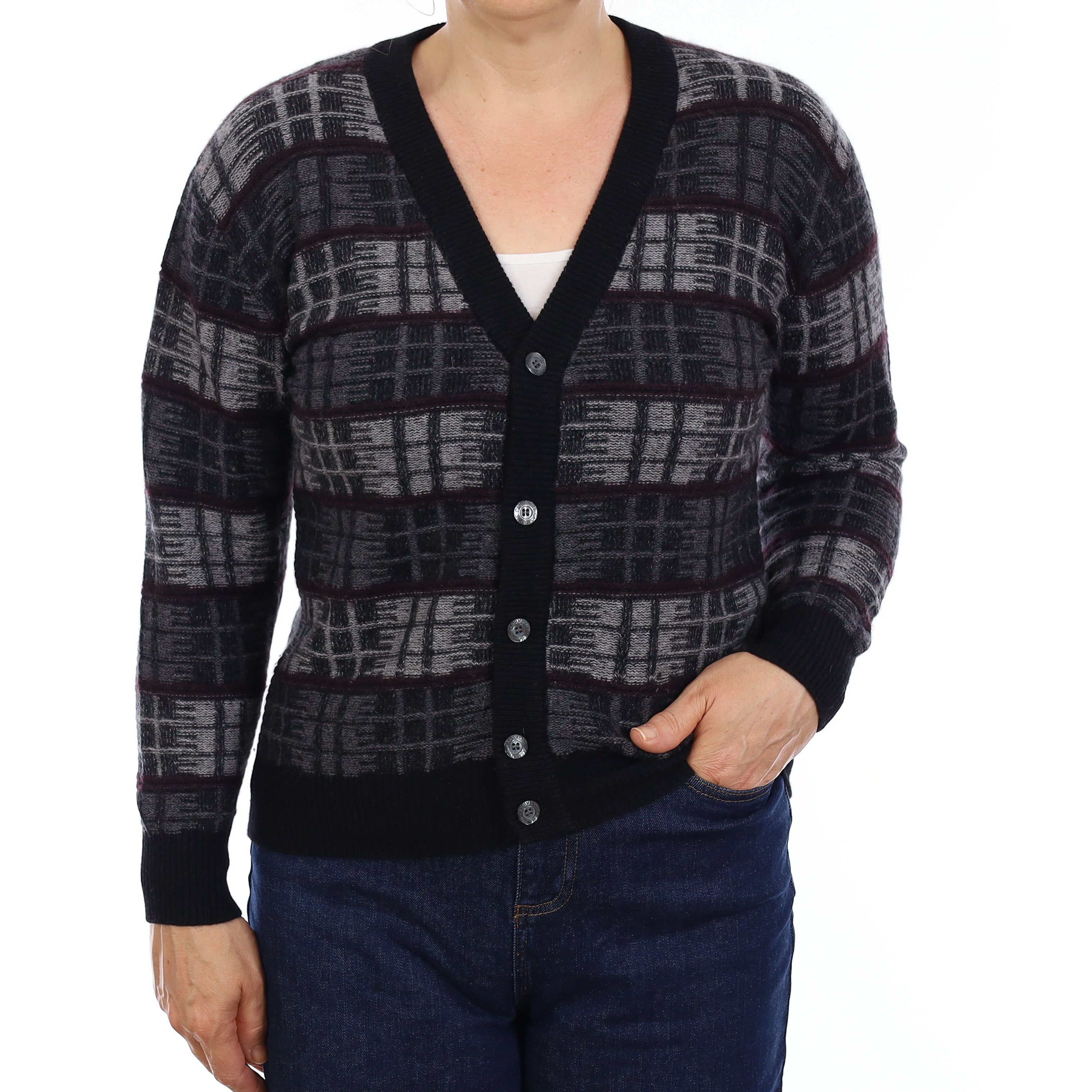 Grey and Aubergine Plaid Cashmere Chunky V Neck Cardigan Medium