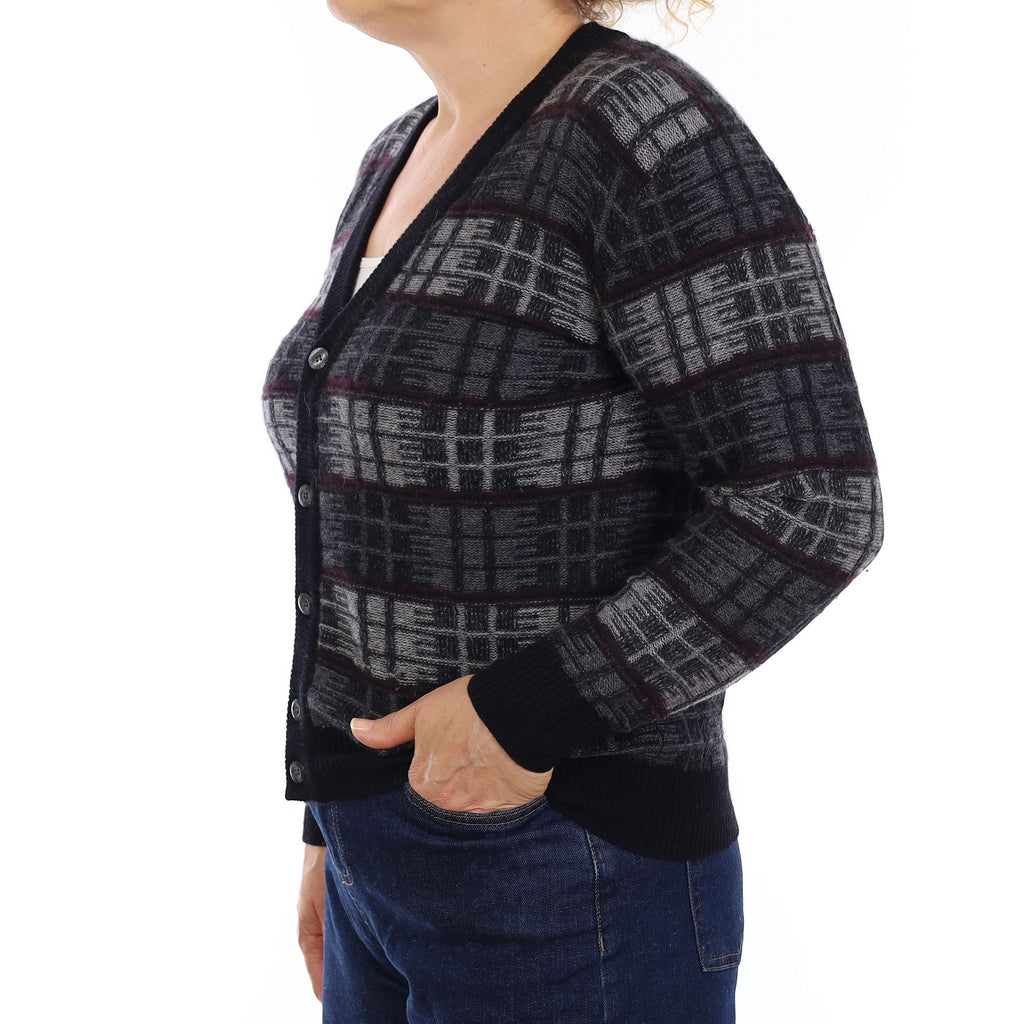 Grey and Aubergine Plaid Cashmere Chunky V Neck Cardigan Medium
