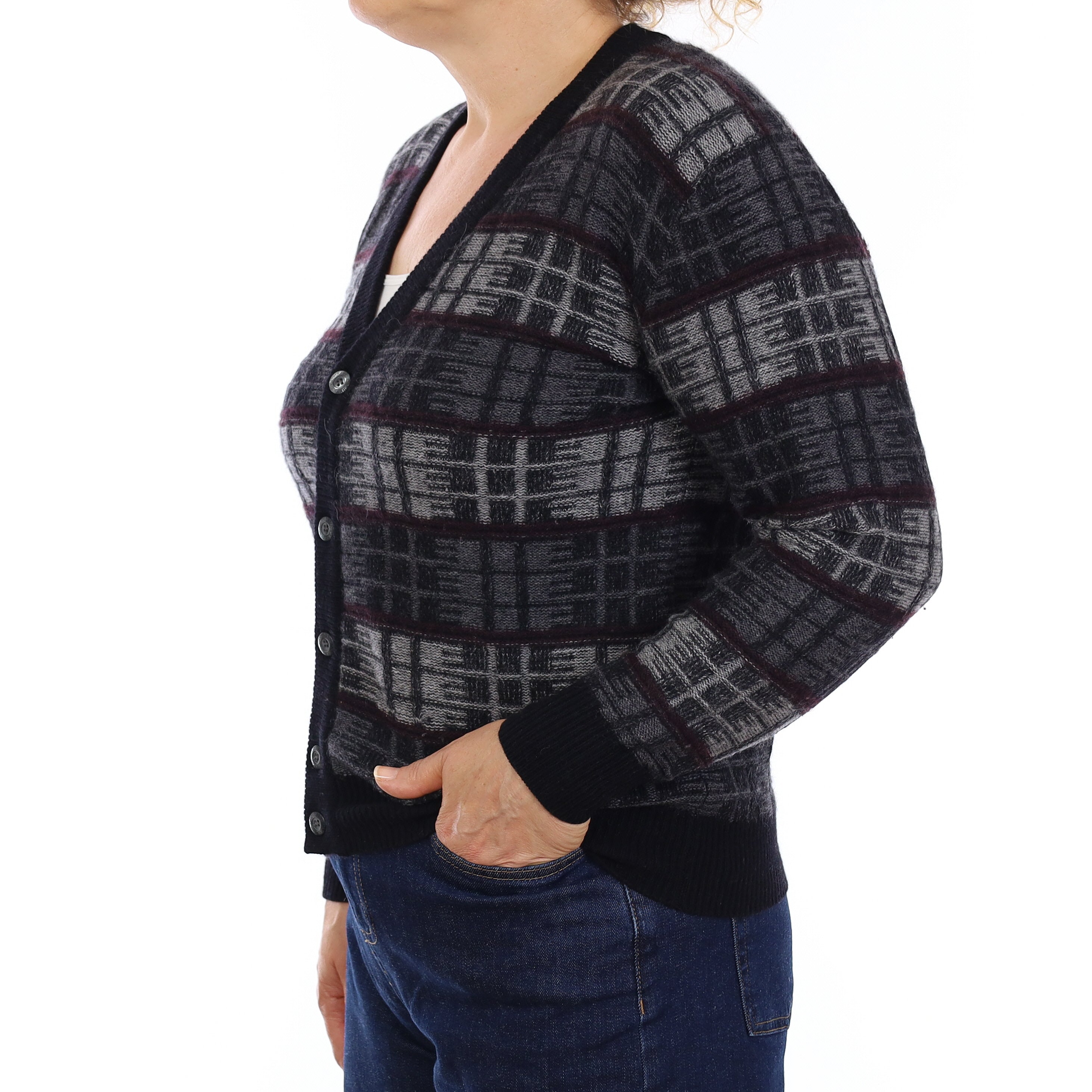 Grey and Aubergine Plaid Cashmere Chunky V Neck Cardigan Medium