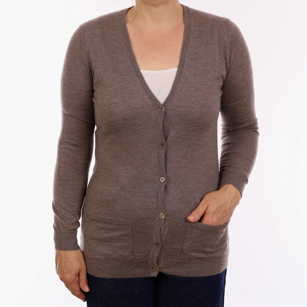 Mink Brown Fine Knit Cashmere V Neck Cardigan with Pockets Medium