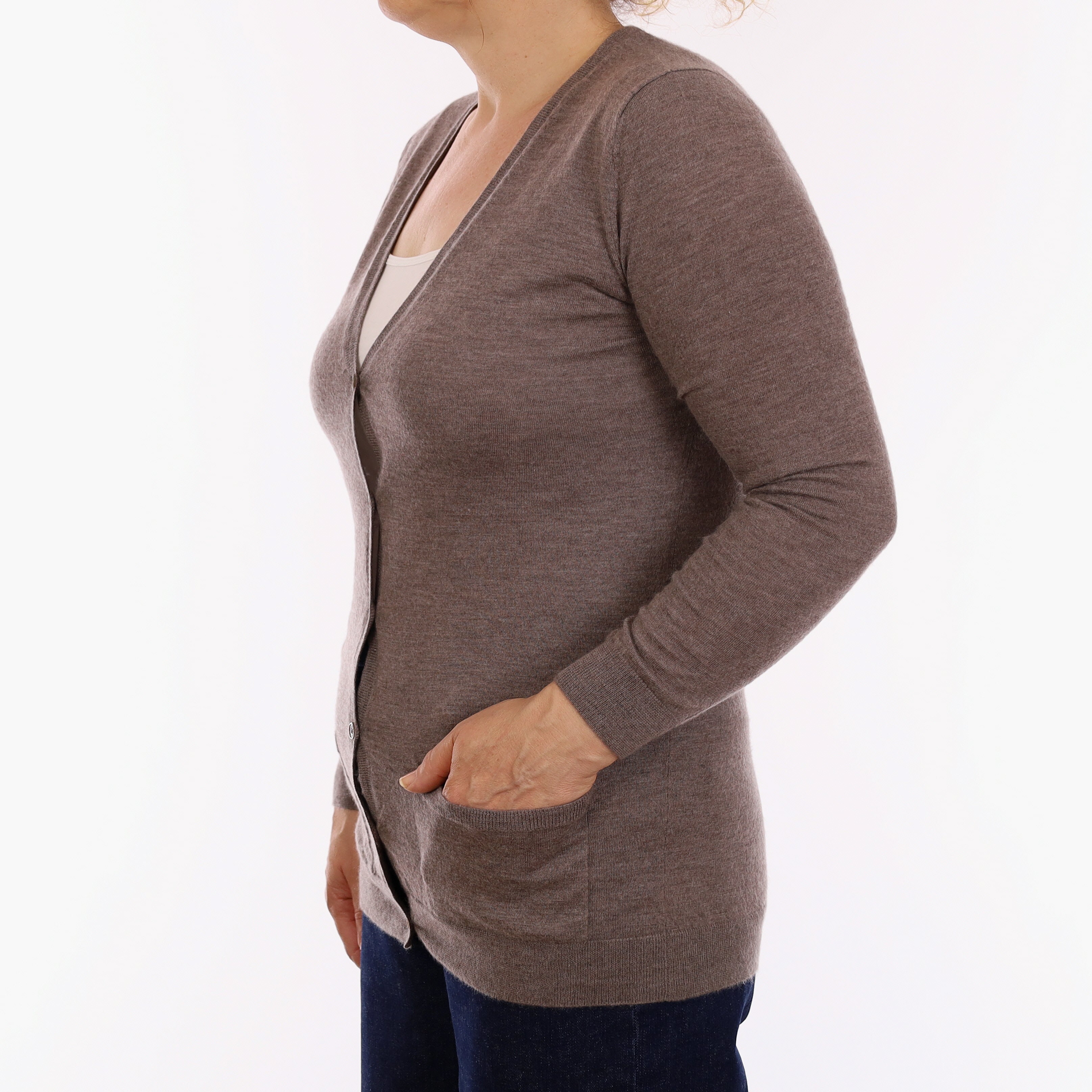 Mink Brown Fine Knit Cashmere V Neck Cardigan with Pockets Medium