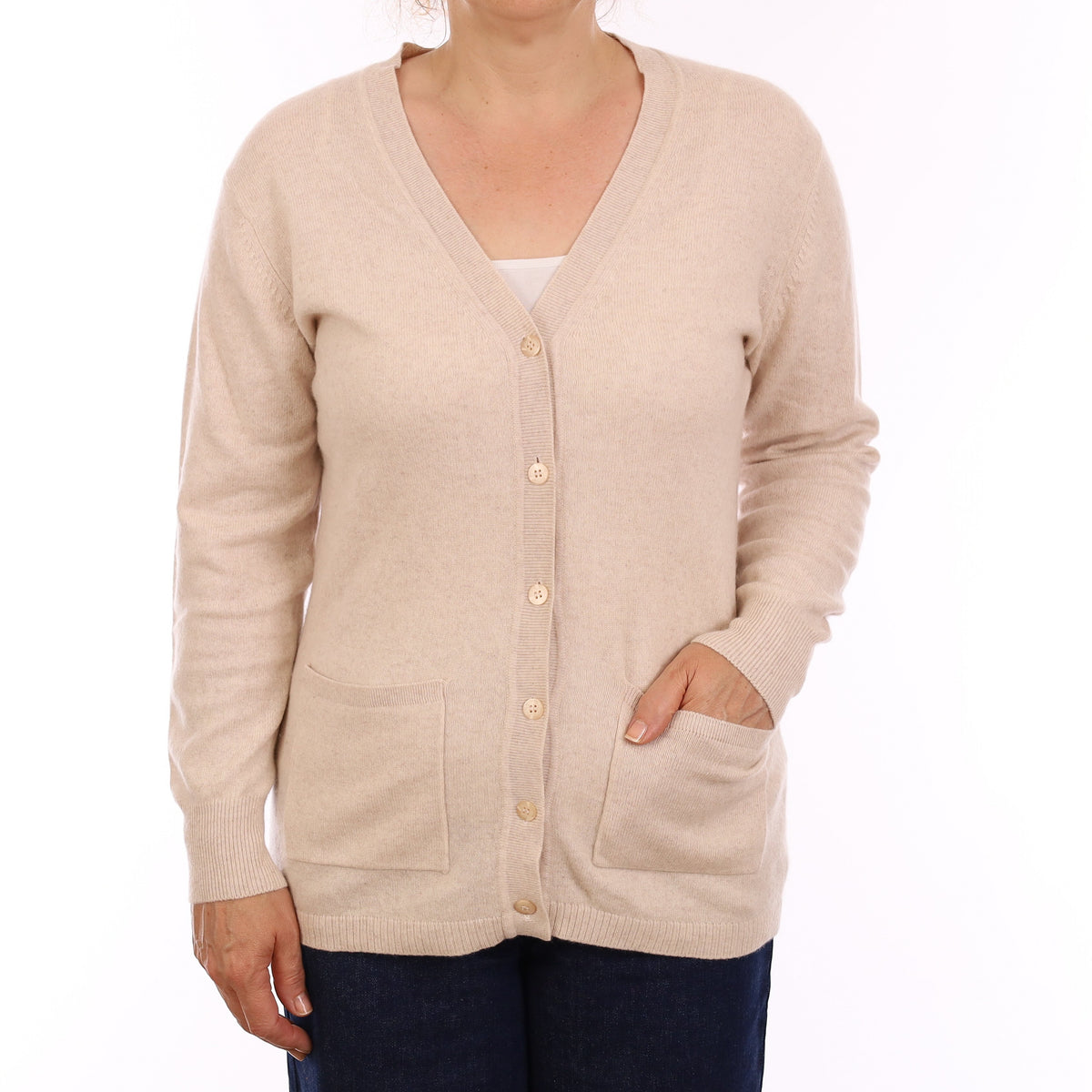 Oatmeal Cashmere V Neck Cardigan with Pockets Medium