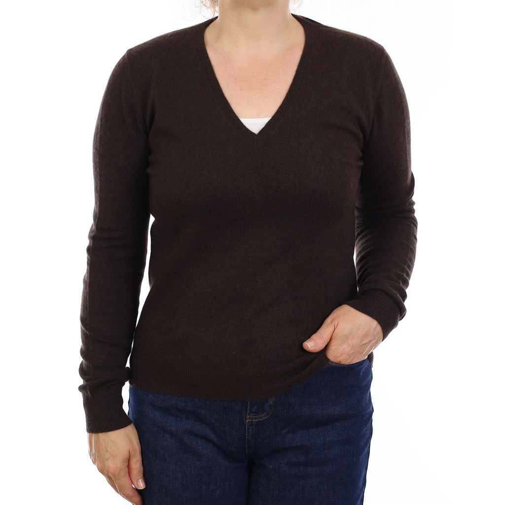 Dark Chocolate Cashmere V Neck Jumper Medium