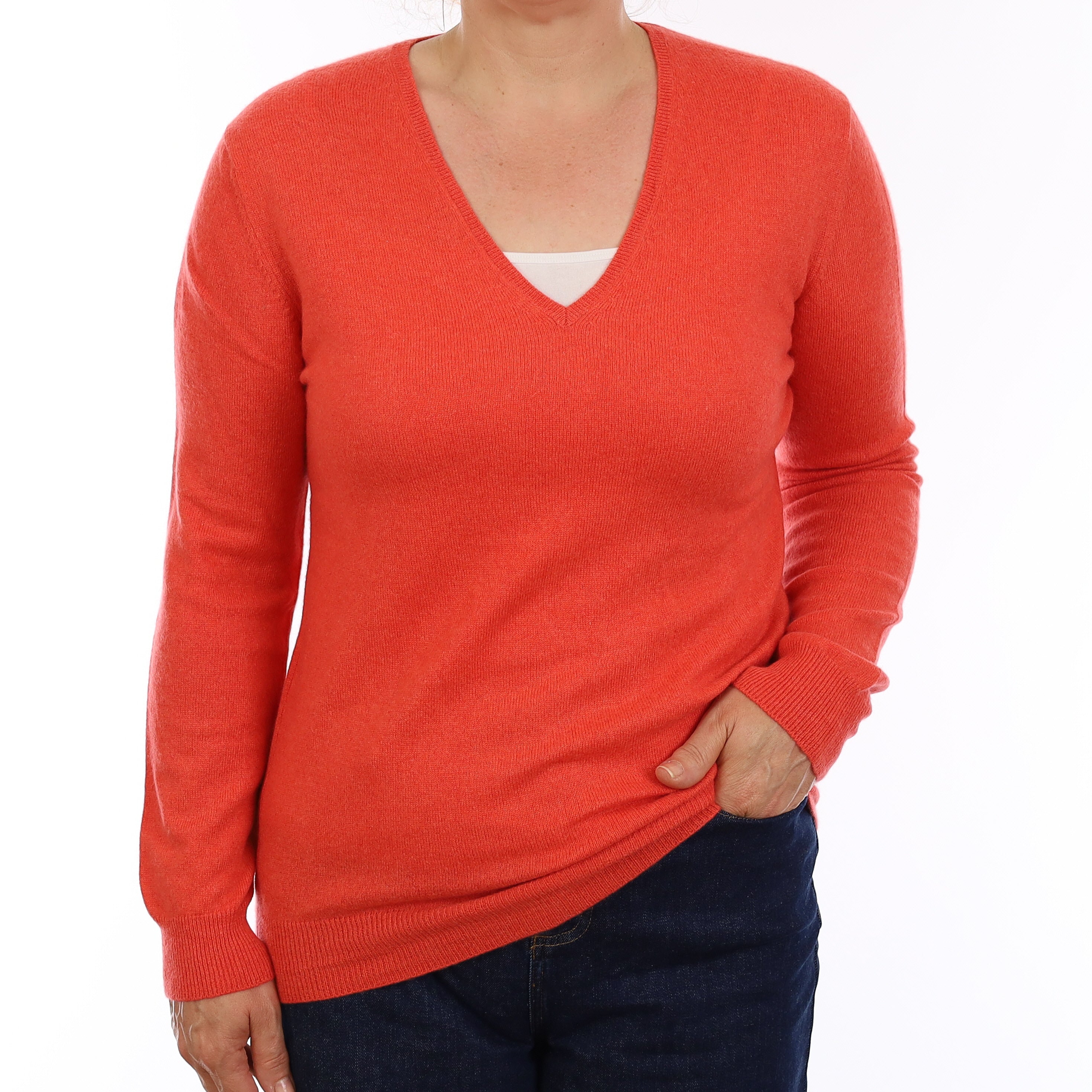 Flame Orange Cashmere V Neck Jumper Medium