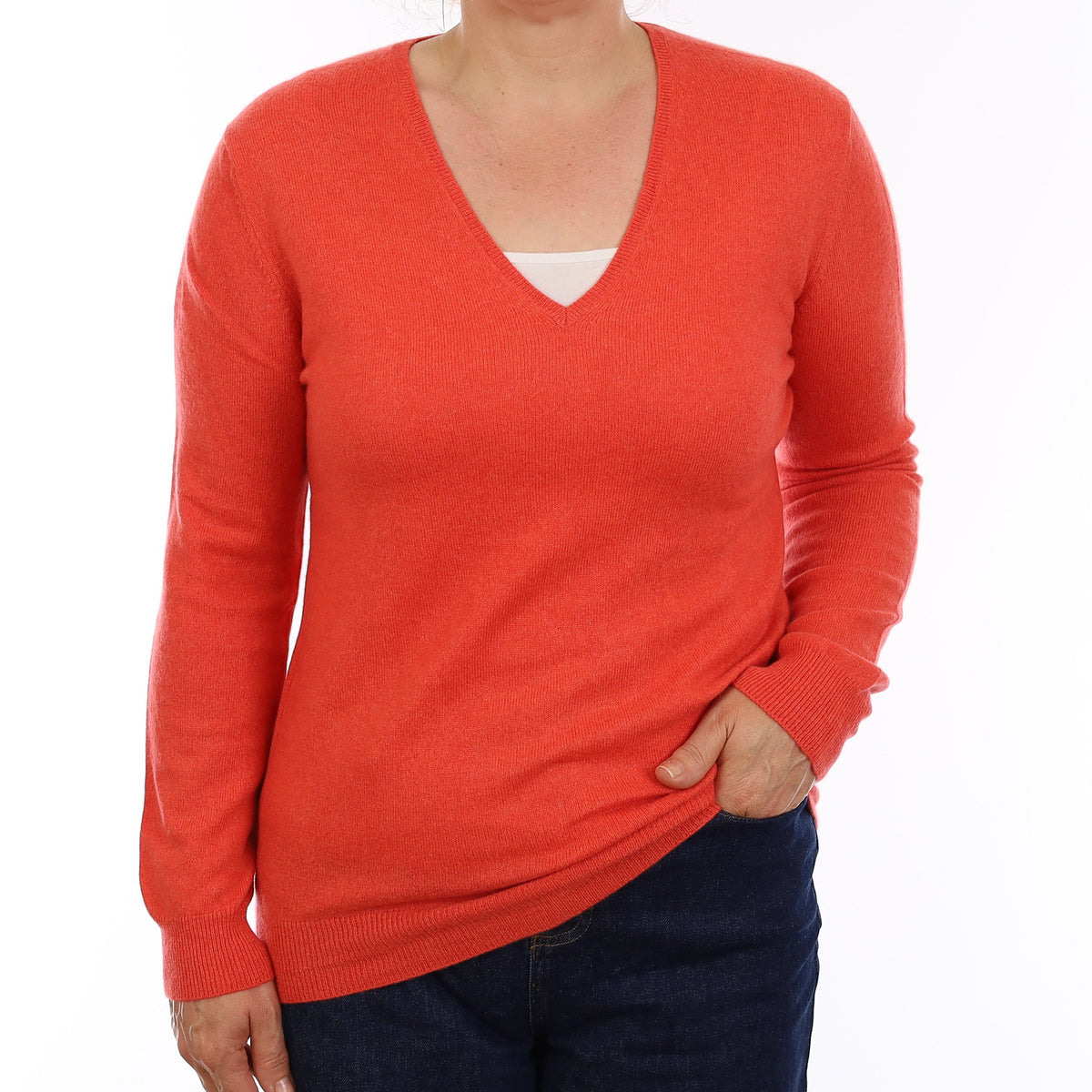 Flame Orange Cashmere V Neck Jumper Medium