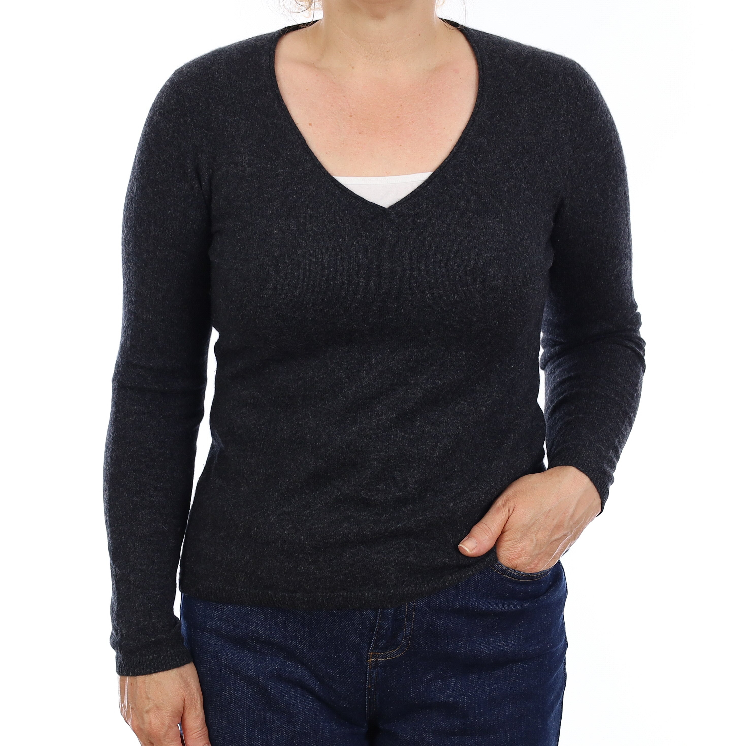 Graphite Grey Cashmere V Neck Jumper Medium