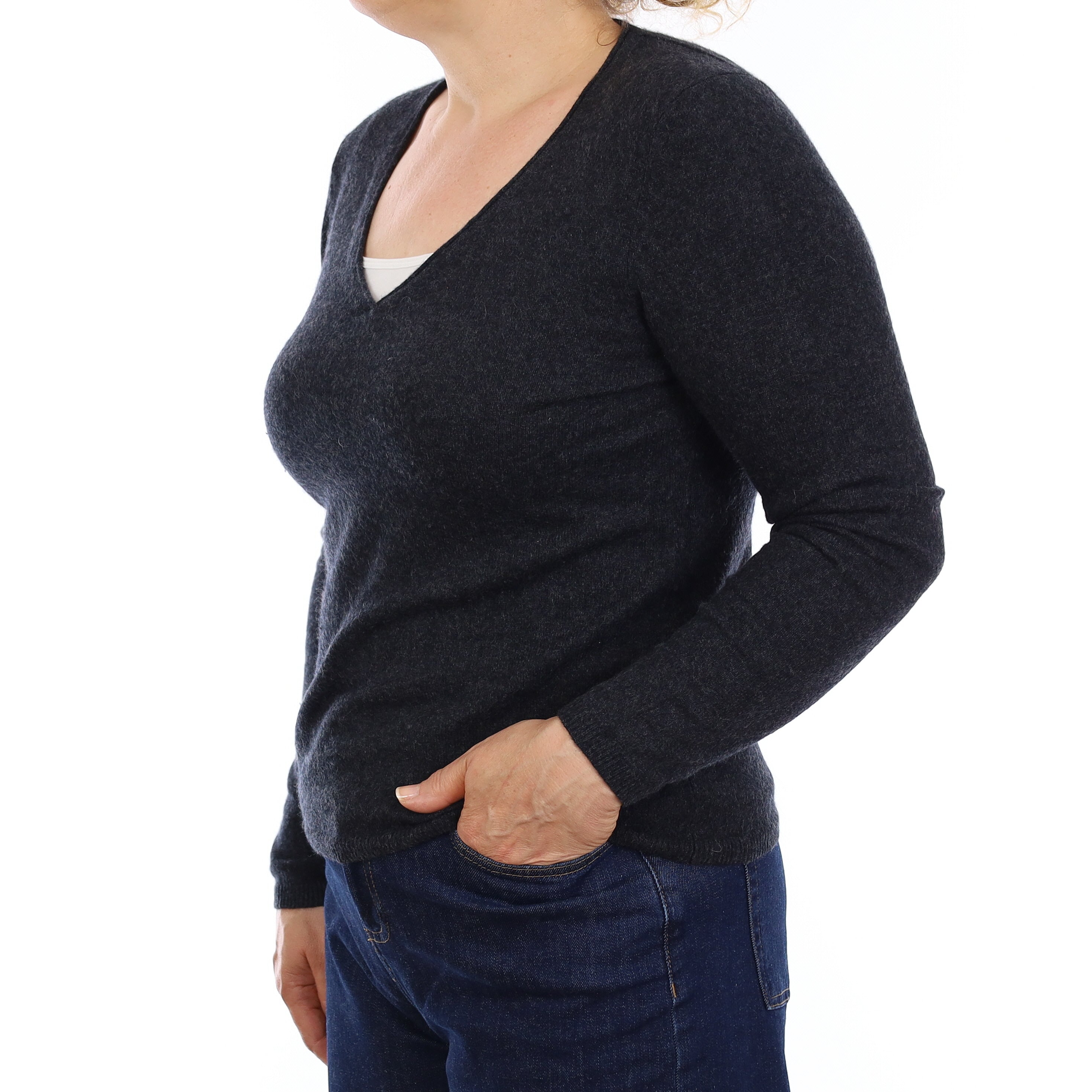 Graphite Grey Cashmere V Neck Jumper Medium