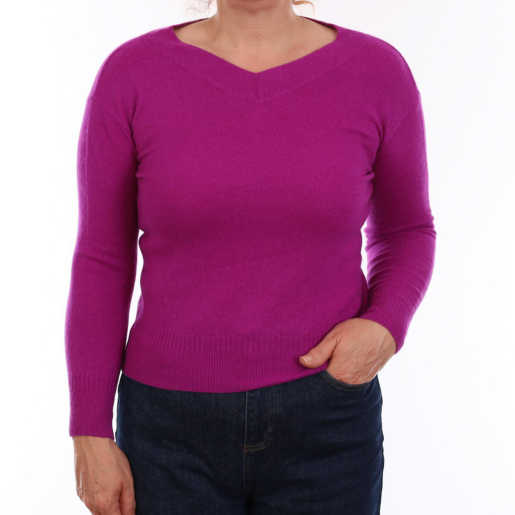 Magenta Purple Cashmere V Neck Jumper Medium