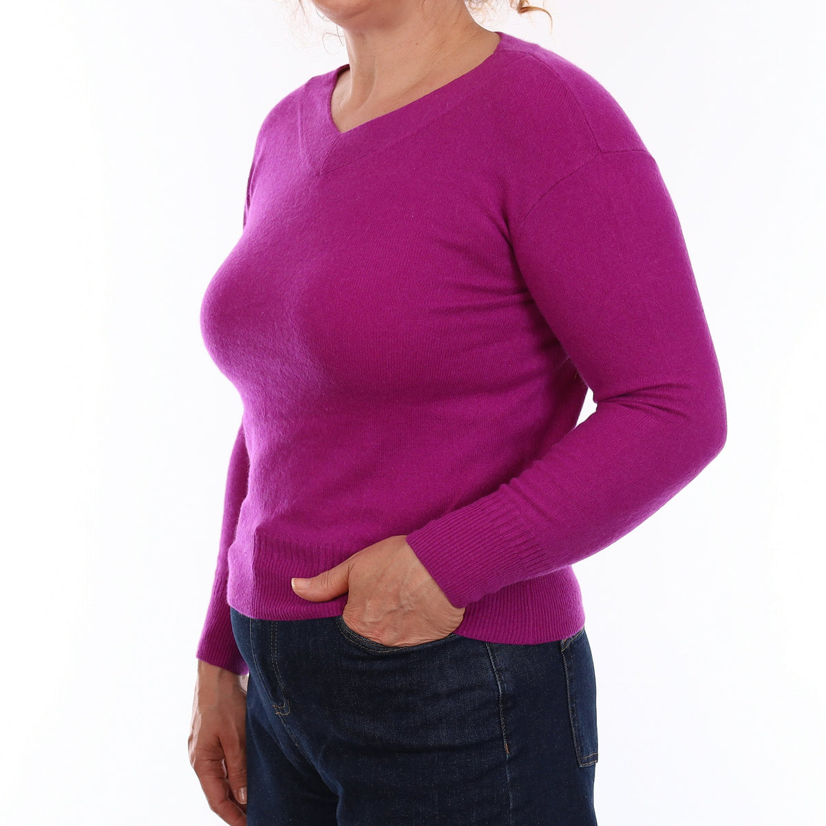 Magenta Purple Cashmere V Neck Jumper Medium
