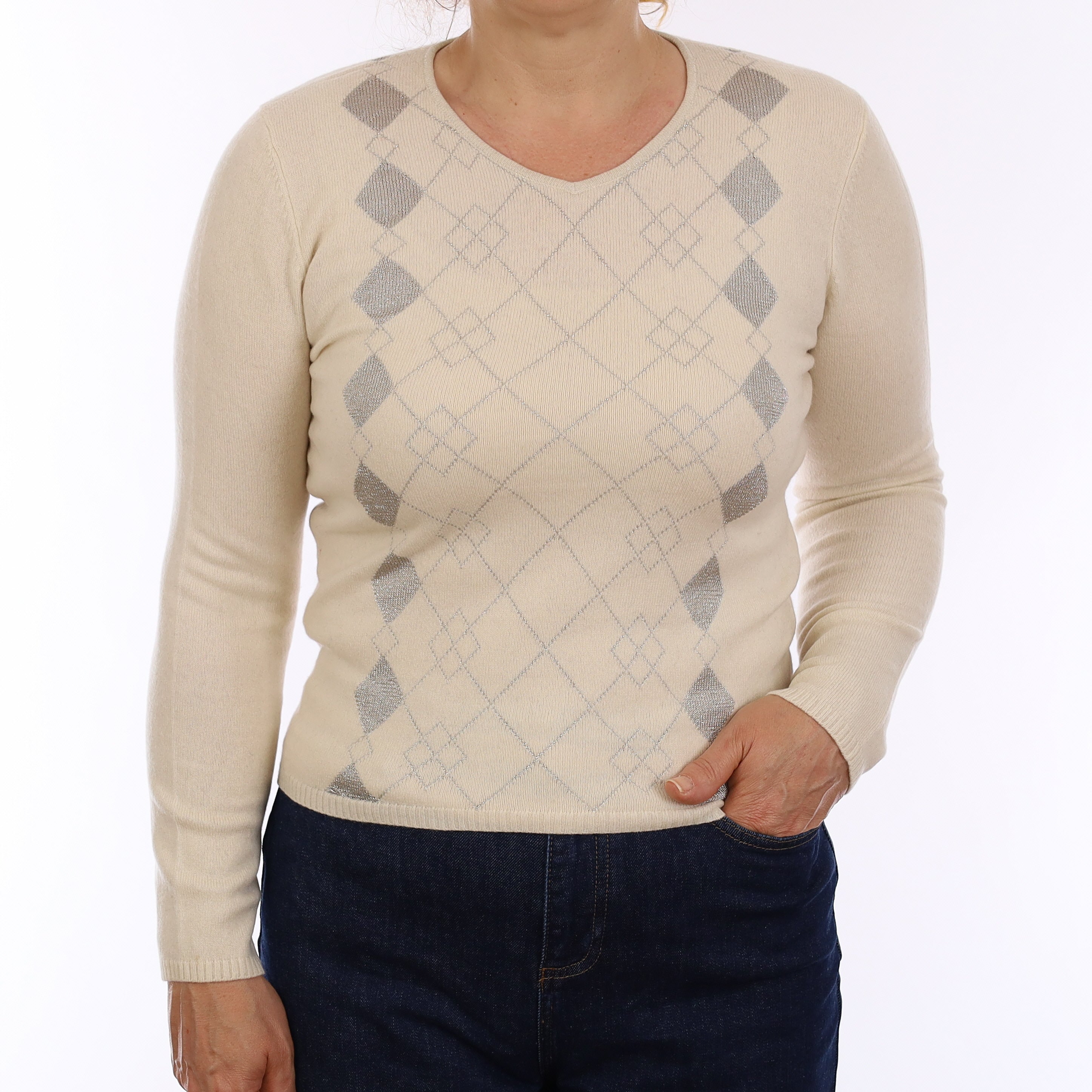 Ivory and Silver Diamond Cashmere V Neck Jumper Medium
