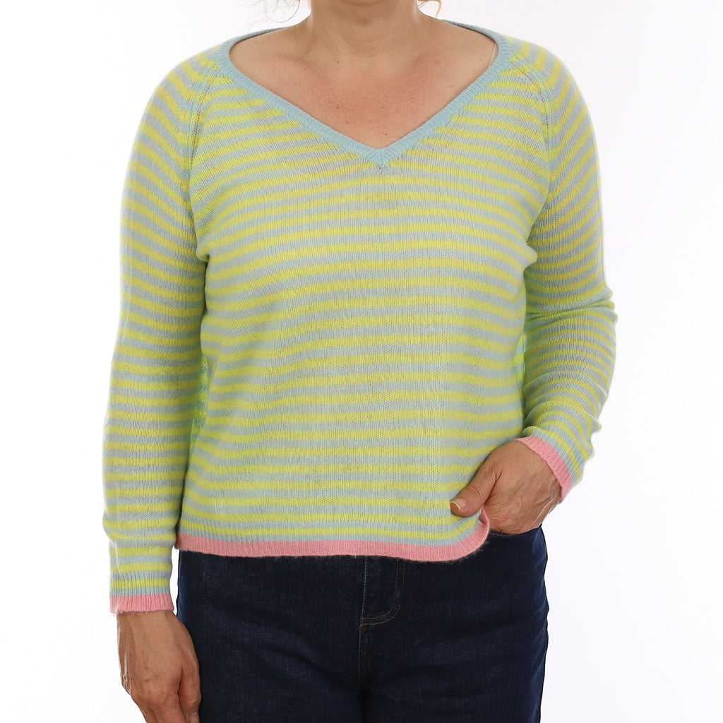 Primrose and Mint Stripe Cashmere Boxy V Neck Jumper Medium
