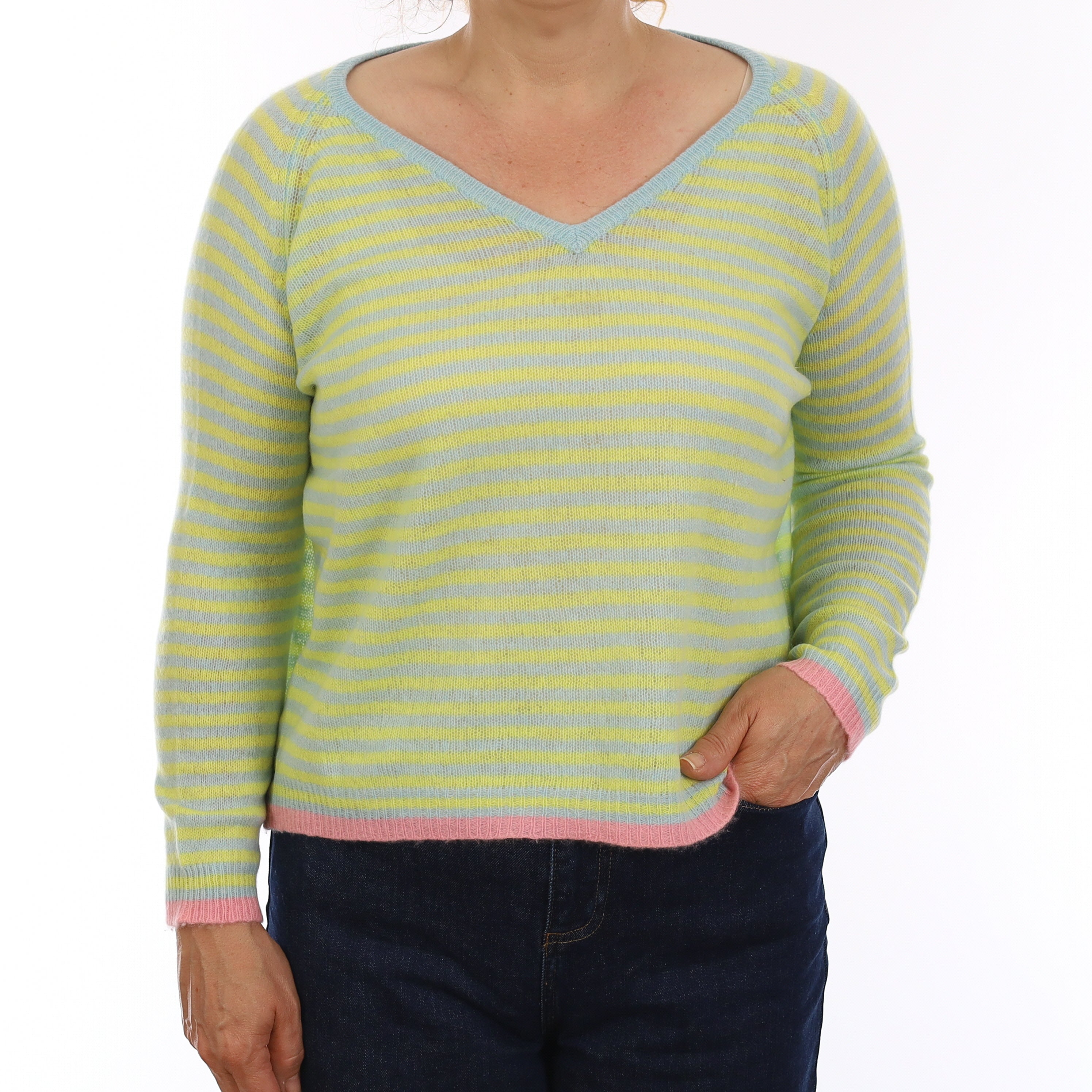 Primrose and Mint Stripe Cashmere Boxy V Neck Jumper Medium