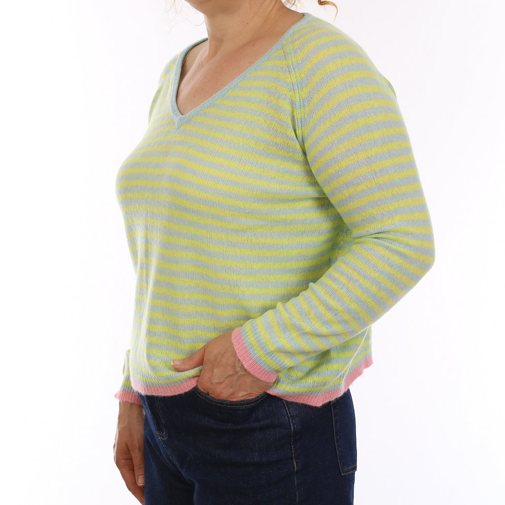 Primrose and Mint Stripe Cashmere Boxy V Neck Jumper Medium