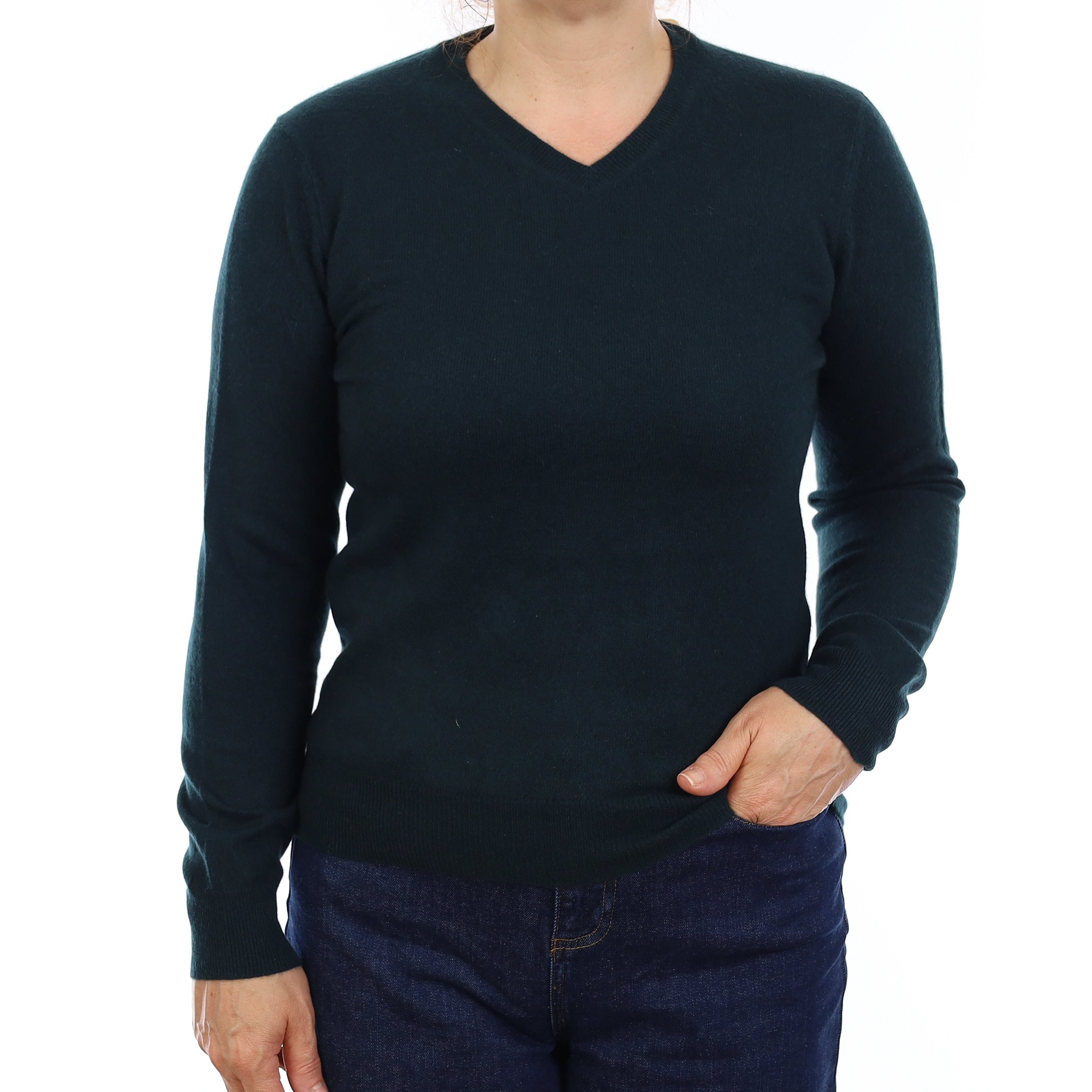 Bottle Green Cashmere V Neck Jumper Medium