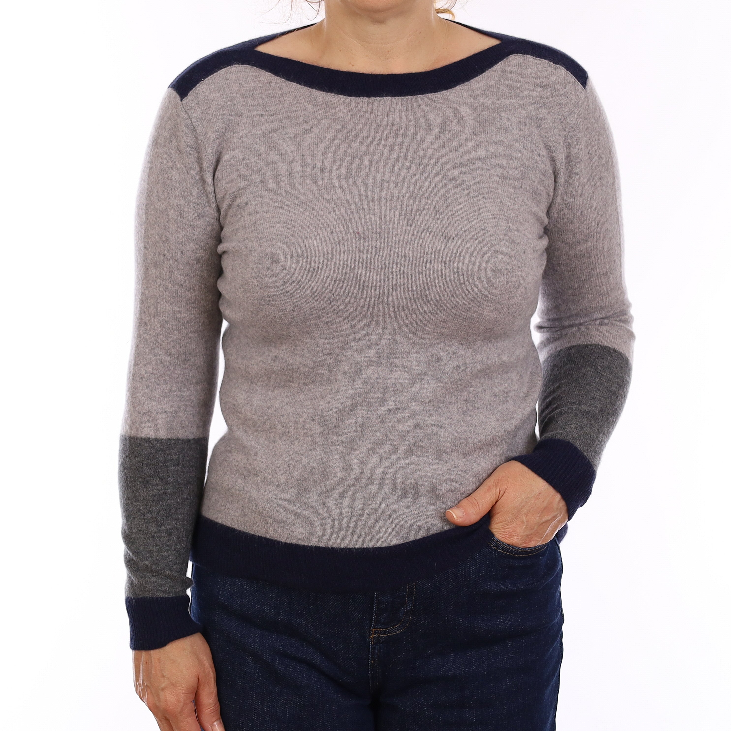Grey and Navy Cashmere Boat Neck Jumper Medium