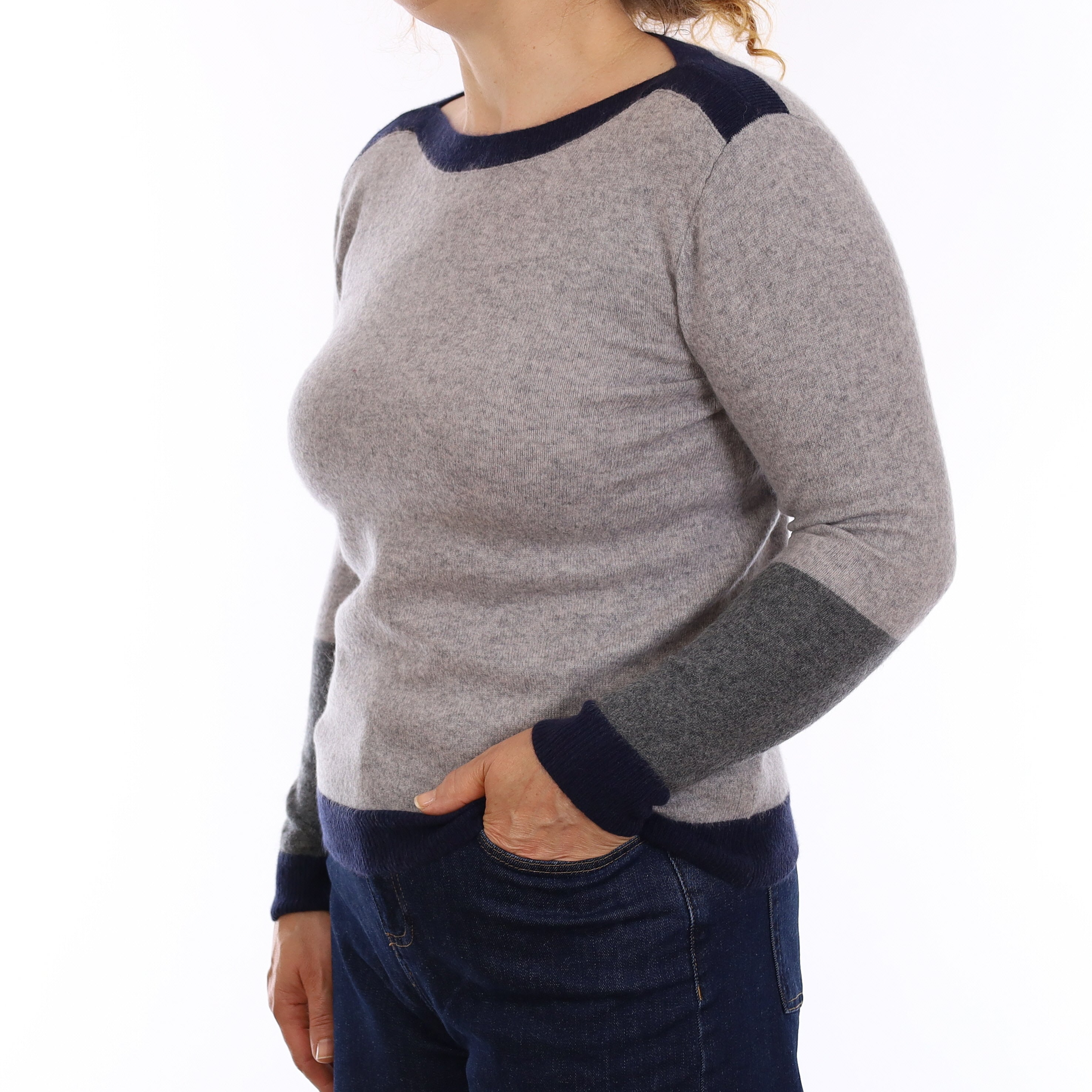 Grey and Navy Cashmere Boat Neck Jumper Medium