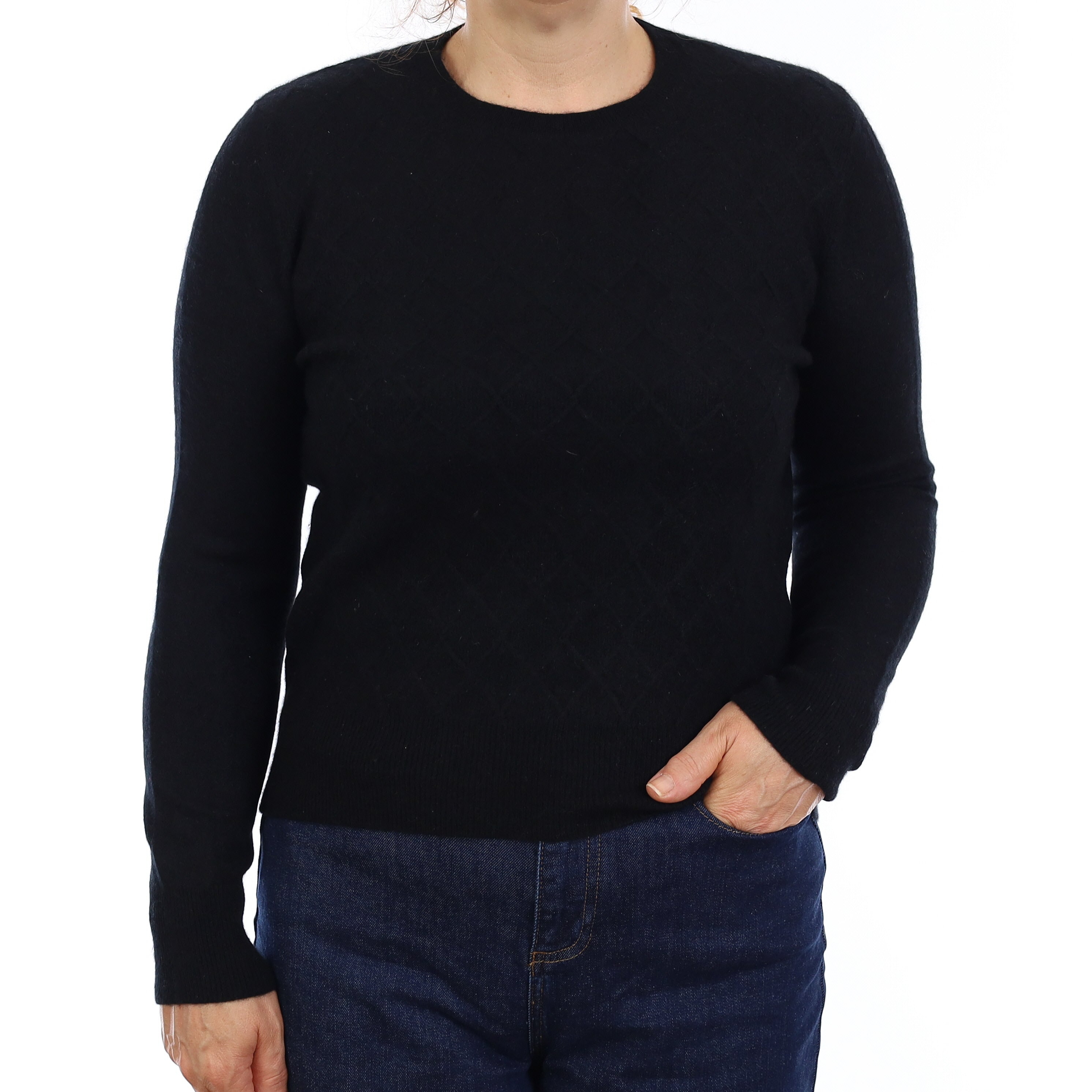 Black Textured Front Cashmere Crew Neck Jumper Medium