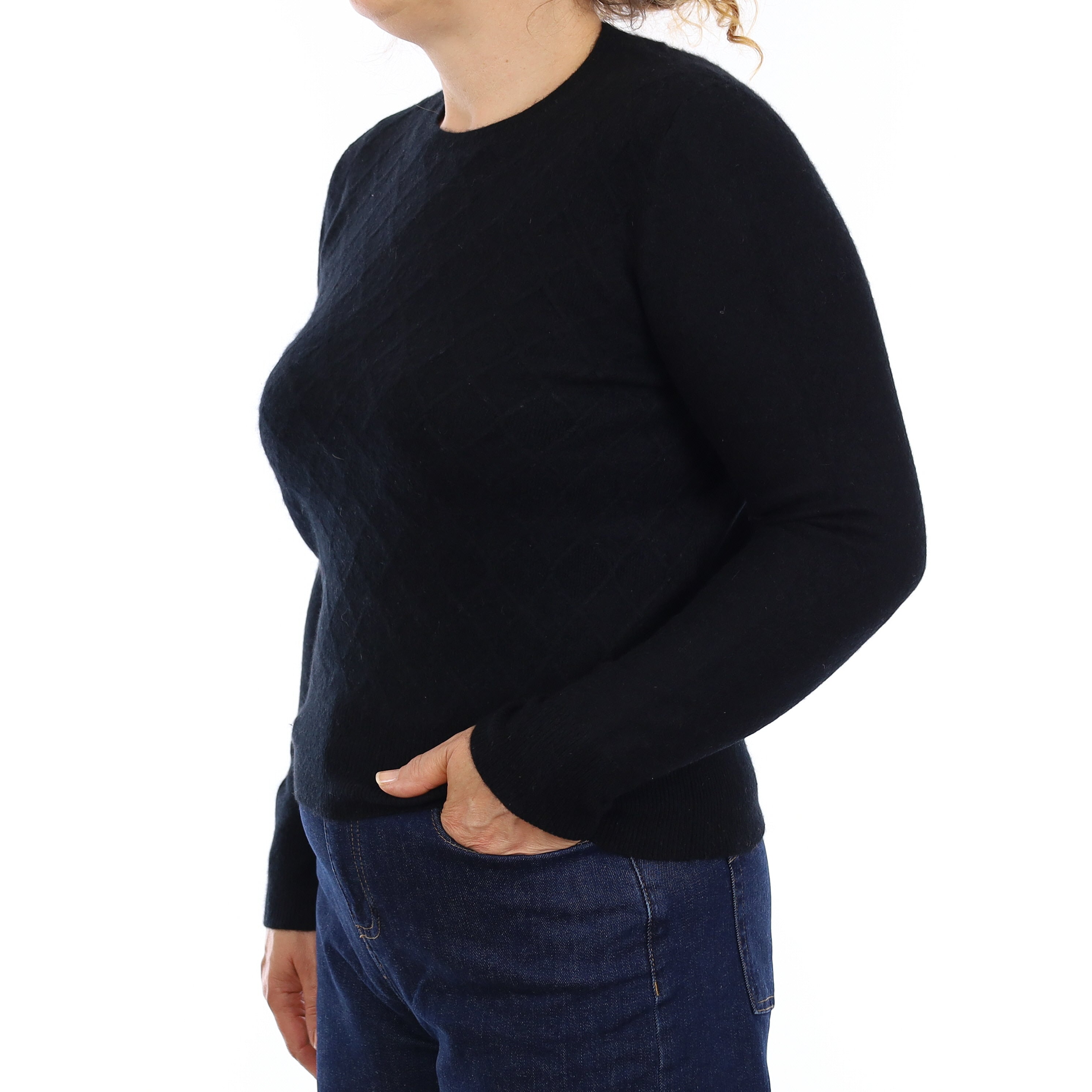 Black Textured Front Cashmere Crew Neck Jumper Medium