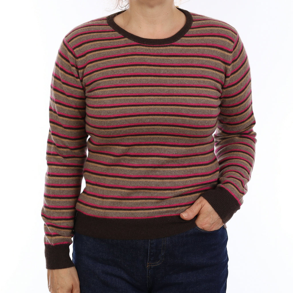 Brown and Pink Stripe Cashmere Crew Neck Jumper Medium