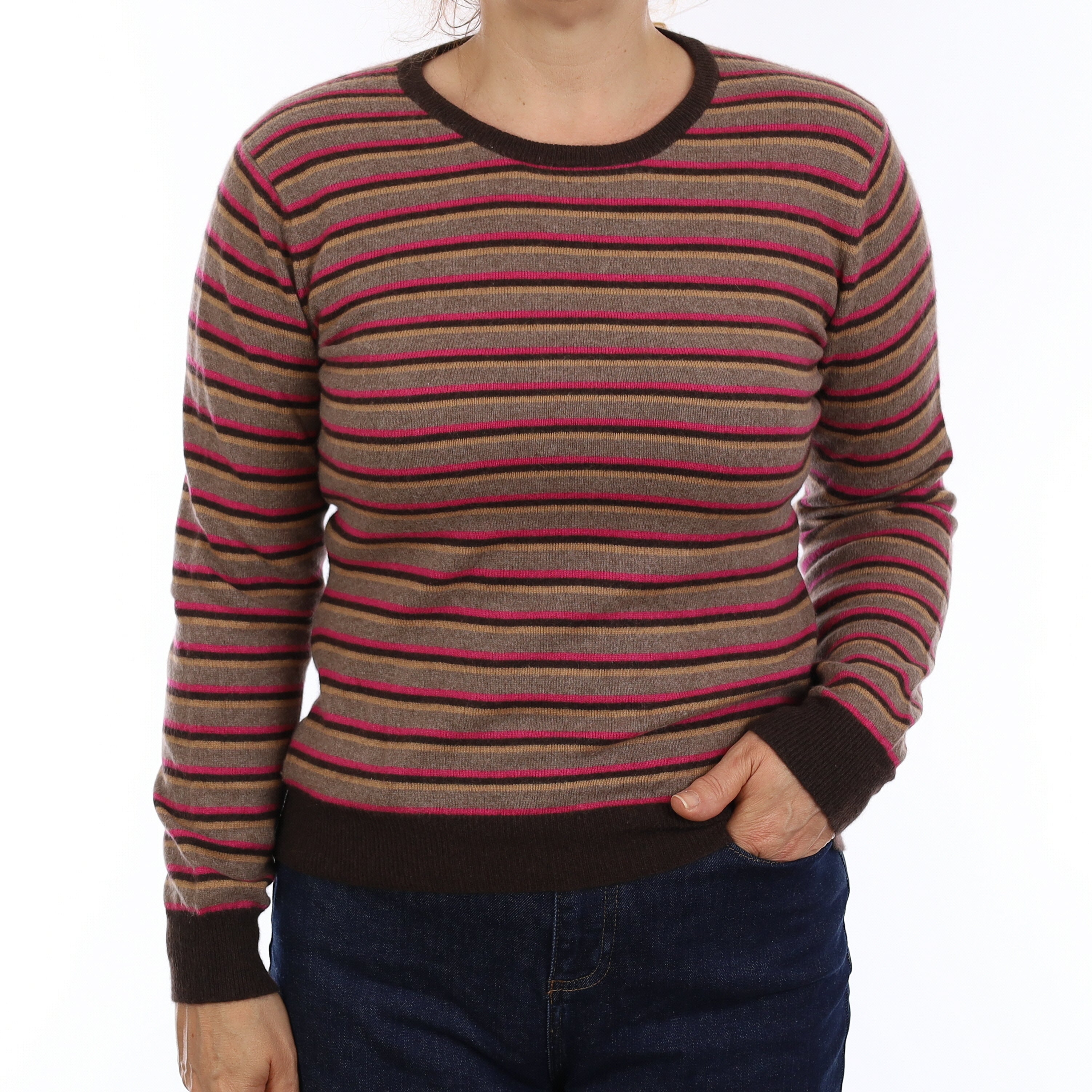 Brown and Pink Stripe Cashmere Crew Neck Jumper Medium