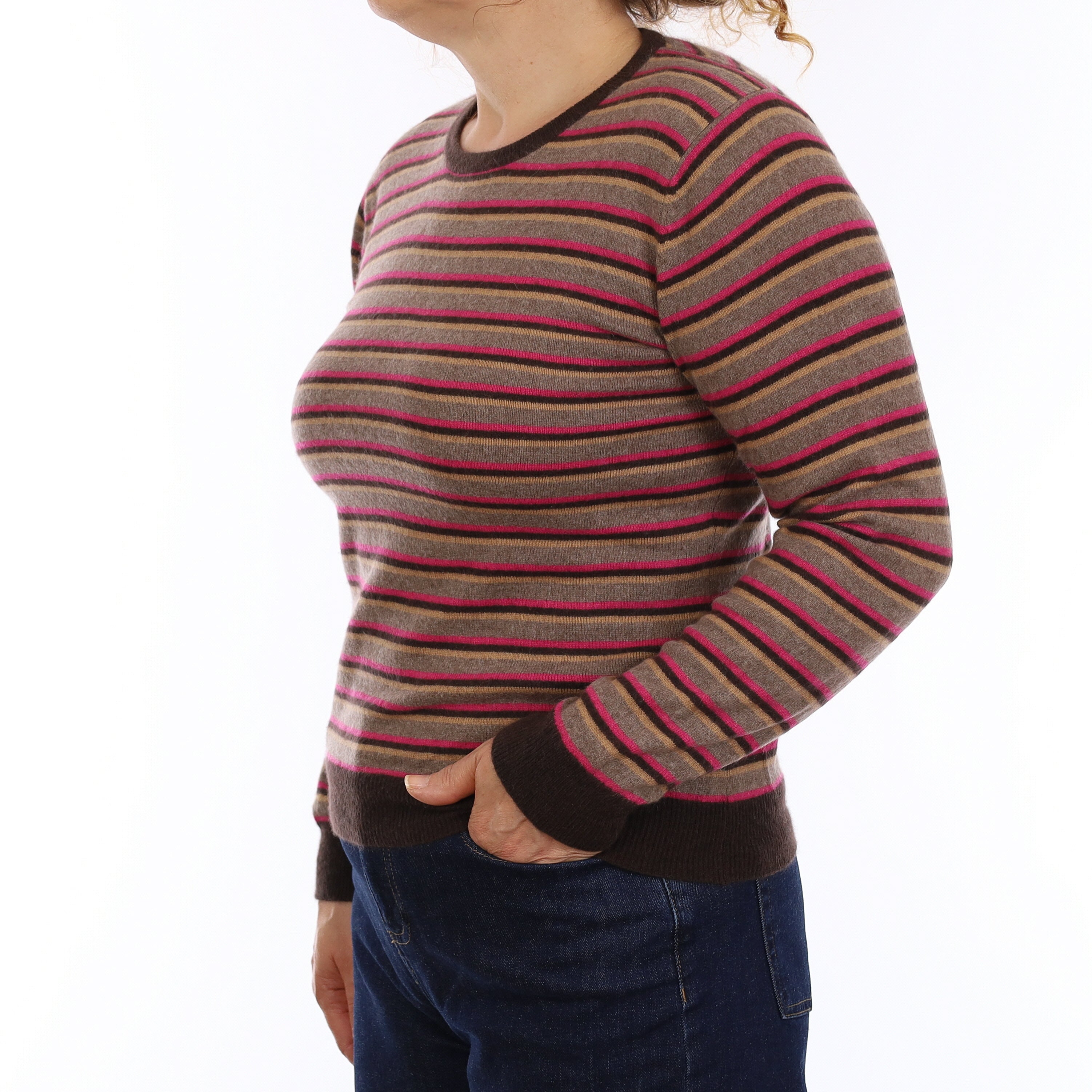 Brown and Pink Stripe Cashmere Crew Neck Jumper Medium