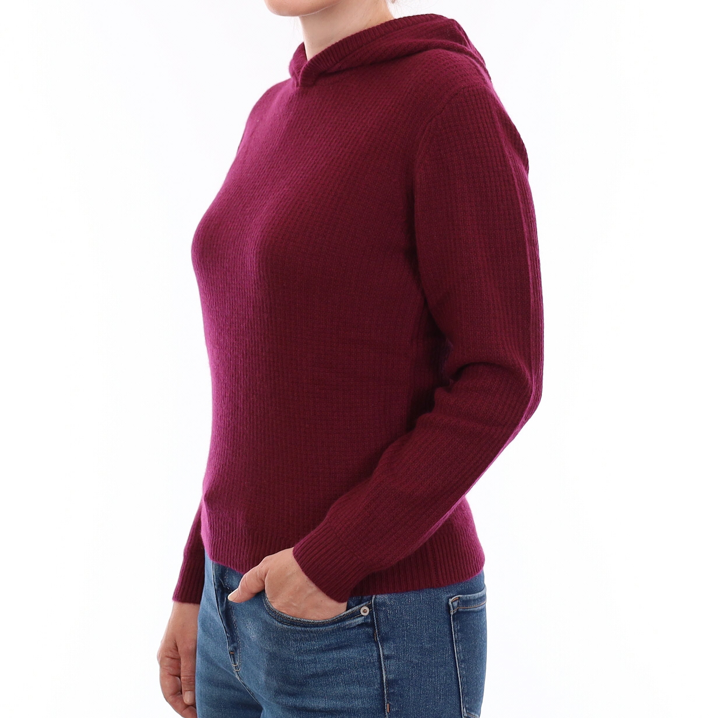 Brand New Wine Red Waffle Knit Cashmere Hoodie Jumper Small