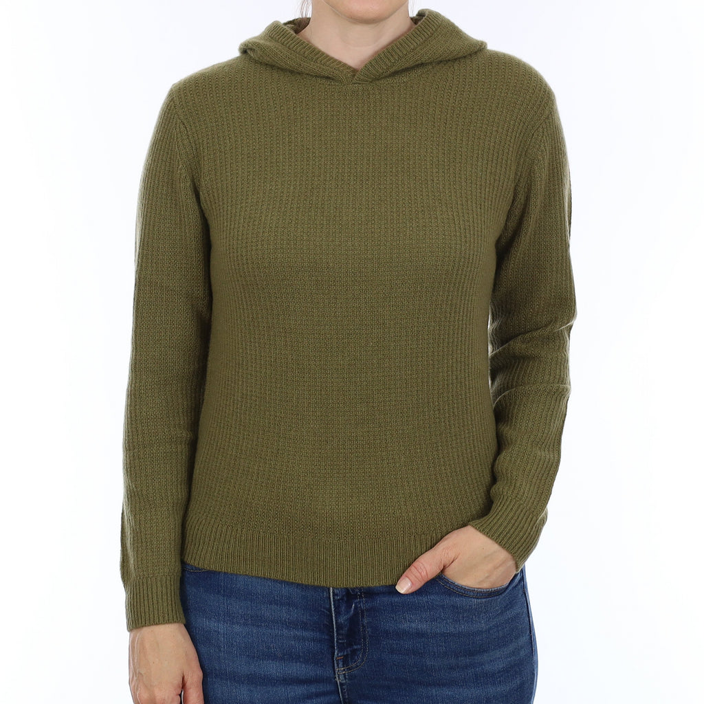 Brand New Olive Green Waffle Knit Cashmere Hoodie Jumper Small
