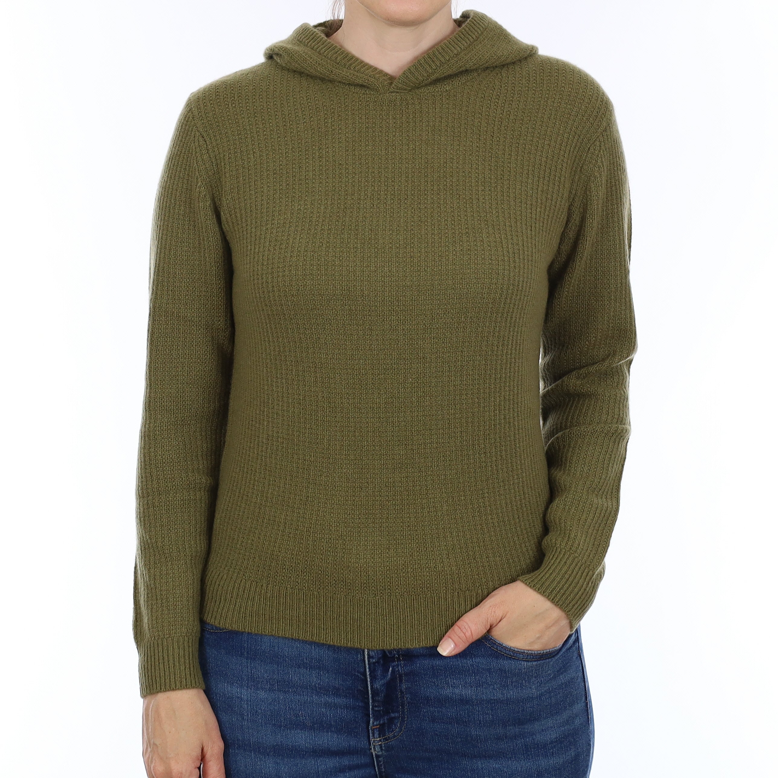 Brand New Olive Green Waffle Knit Cashmere Hoodie Jumper Small