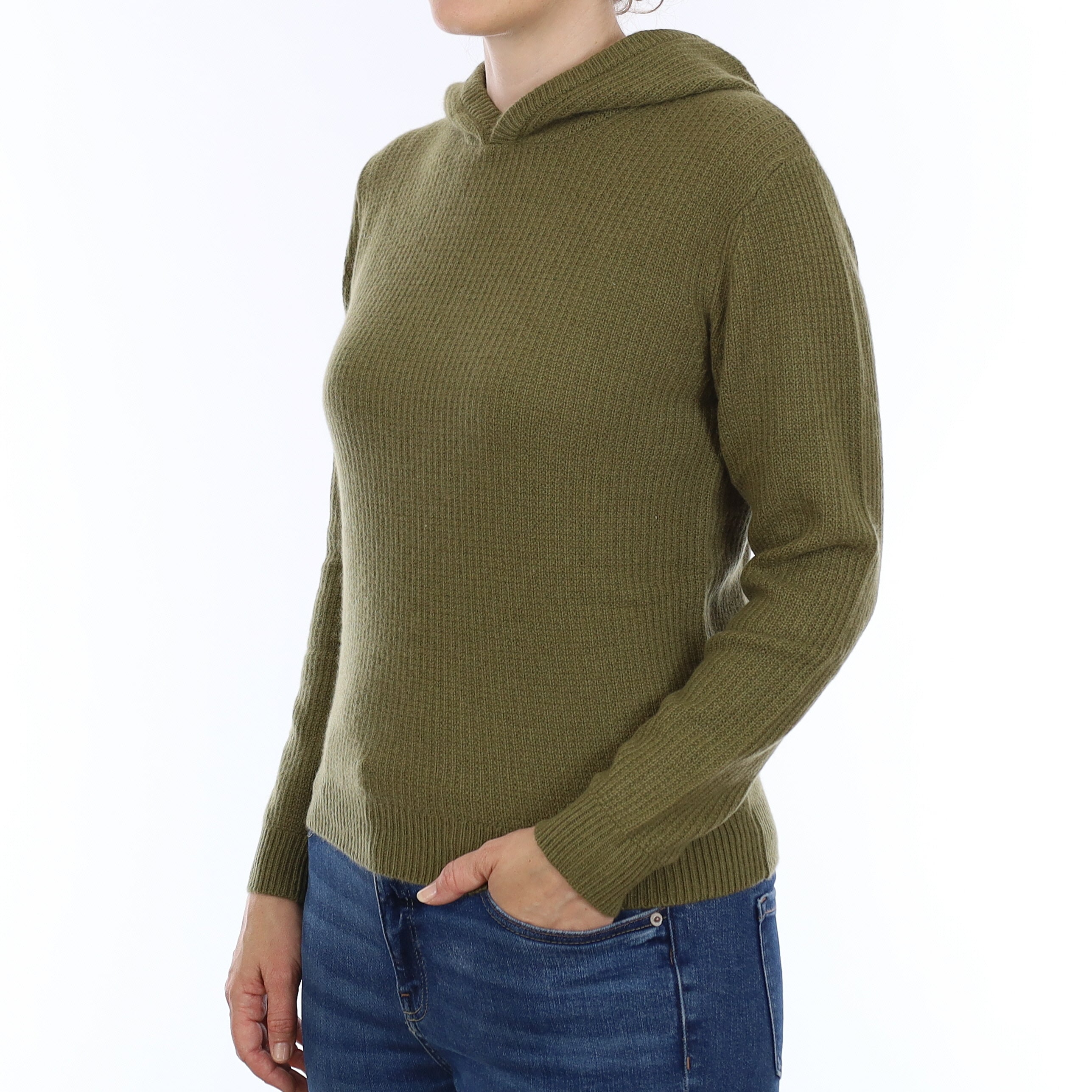 Brand New Olive Green Waffle Knit Cashmere Hoodie Jumper Small