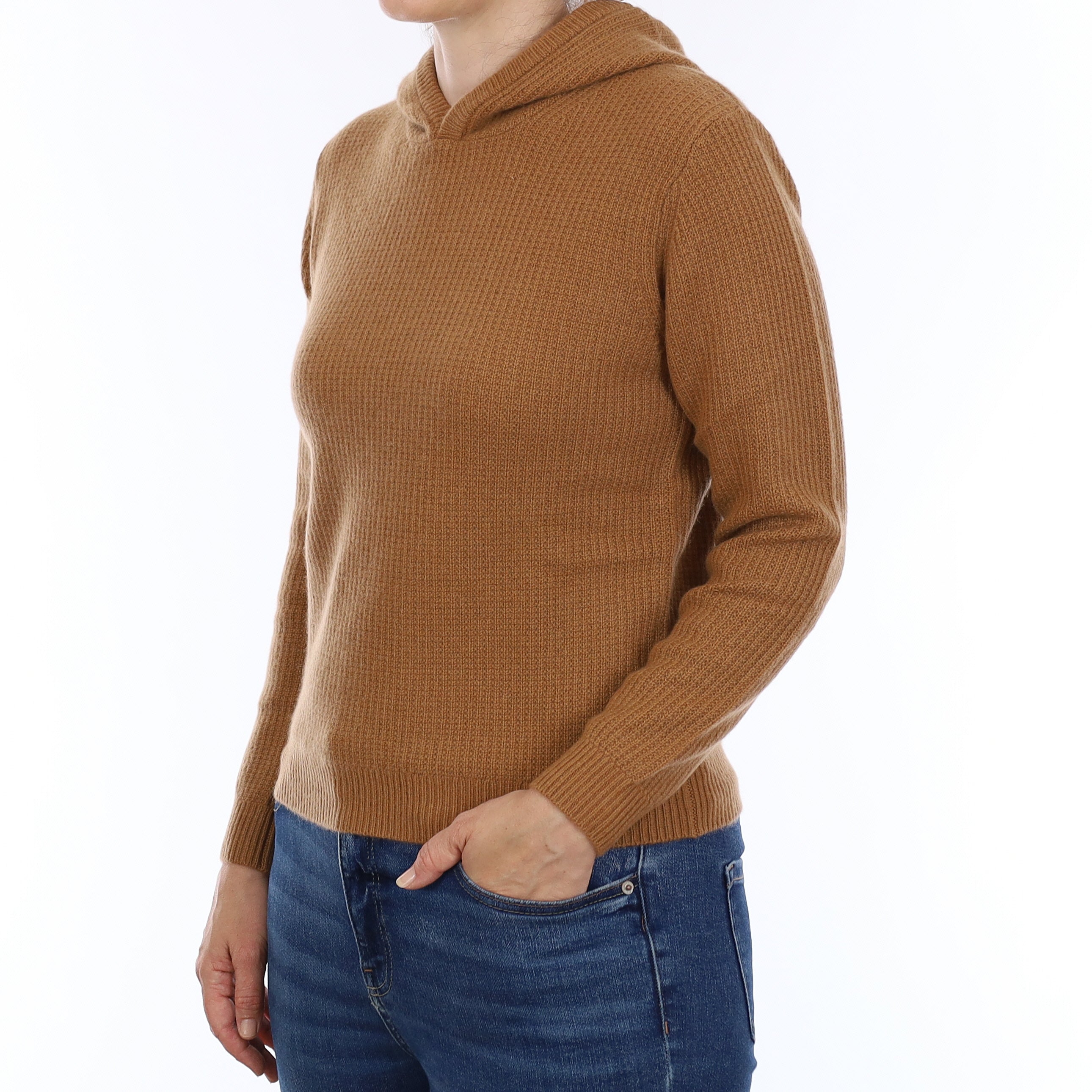 Brand New Toffee Brown Waffle Knit Cashmere Hoodie Jumper Small