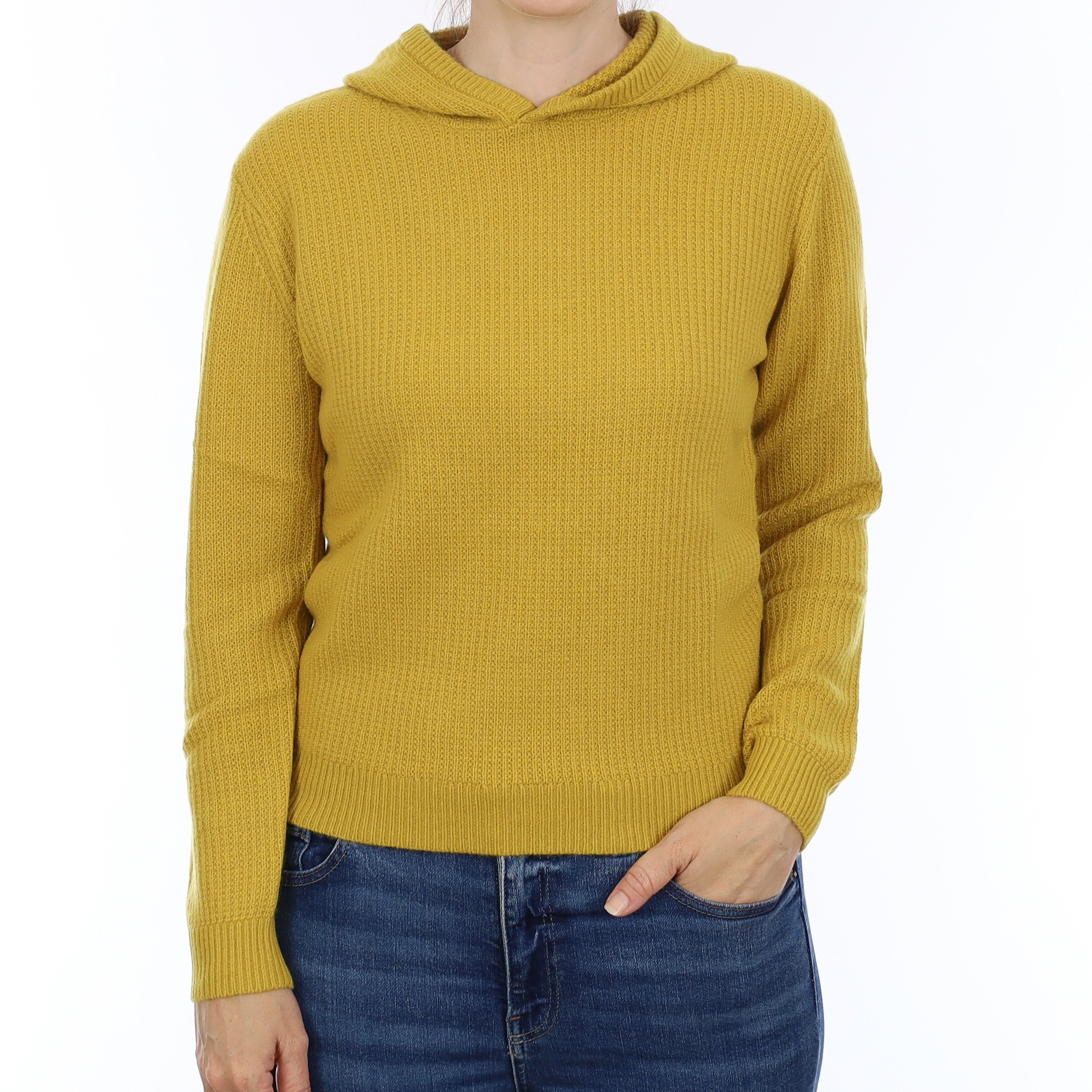 Brand New Mustard Yellow Waffle Knit Cashmere Hoodie Jumper Small