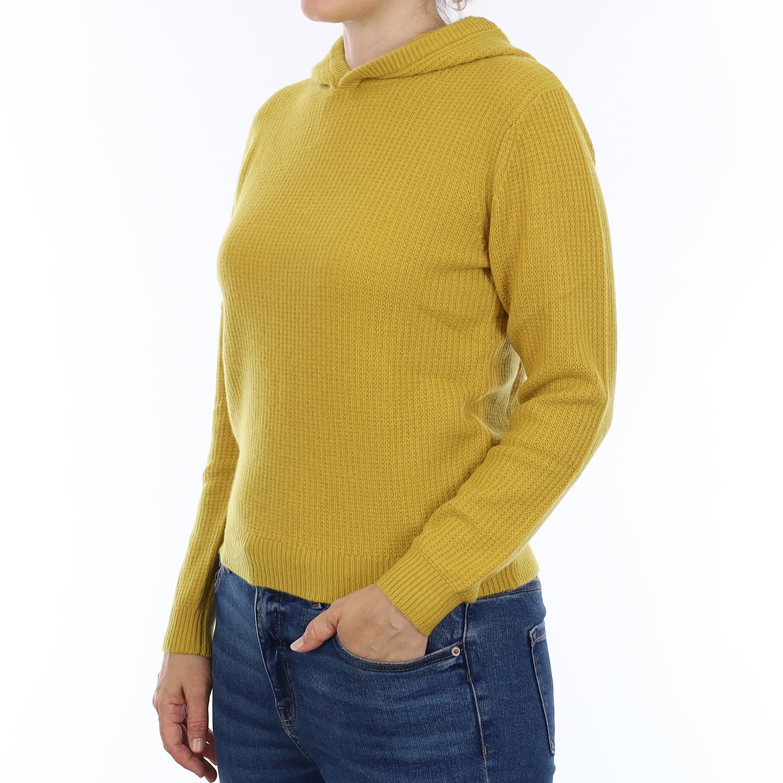 Brand New Mustard Yellow Waffle Knit Cashmere Hoodie Jumper Small