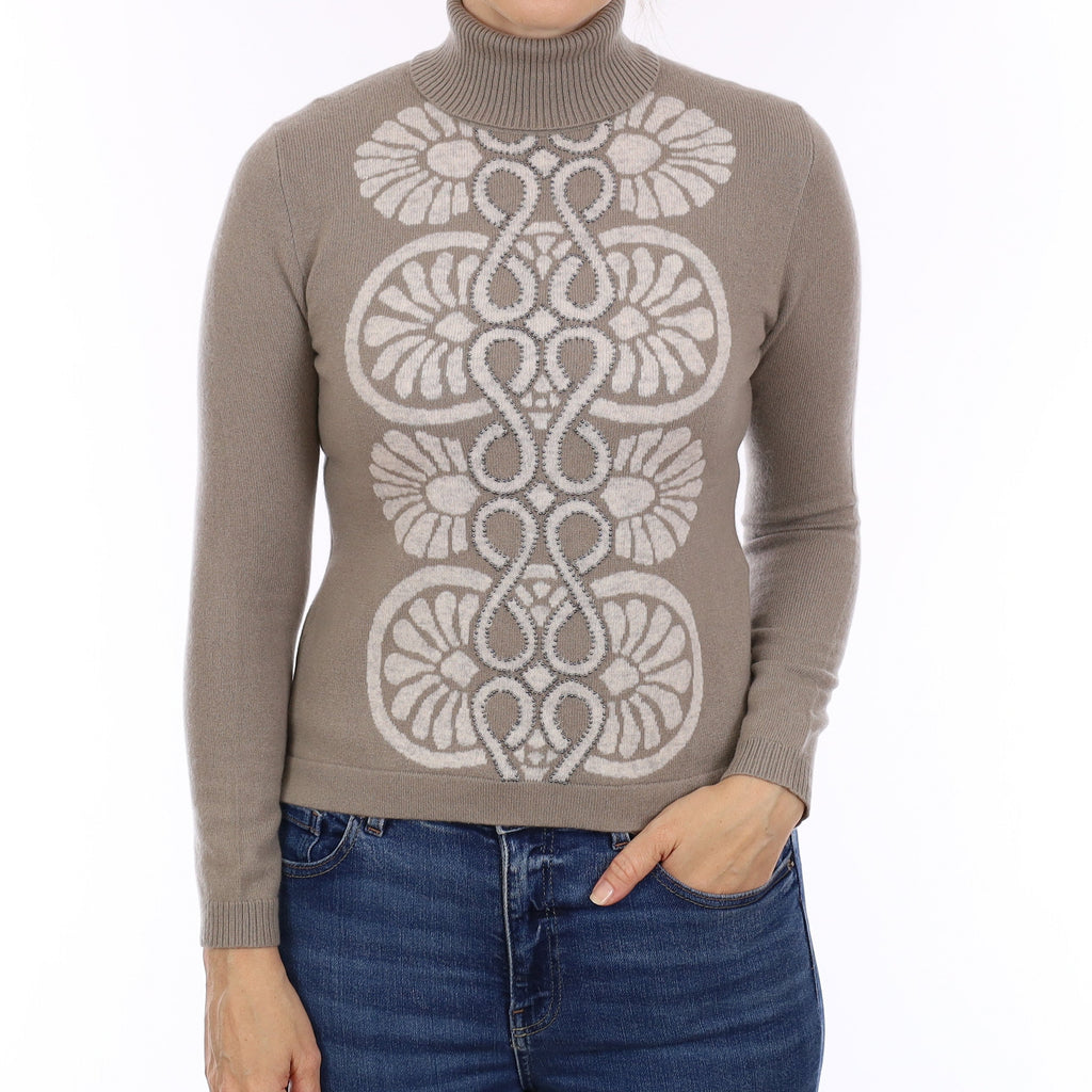Warm Grey Patterned Cashmere Polo Neck Jumper Small