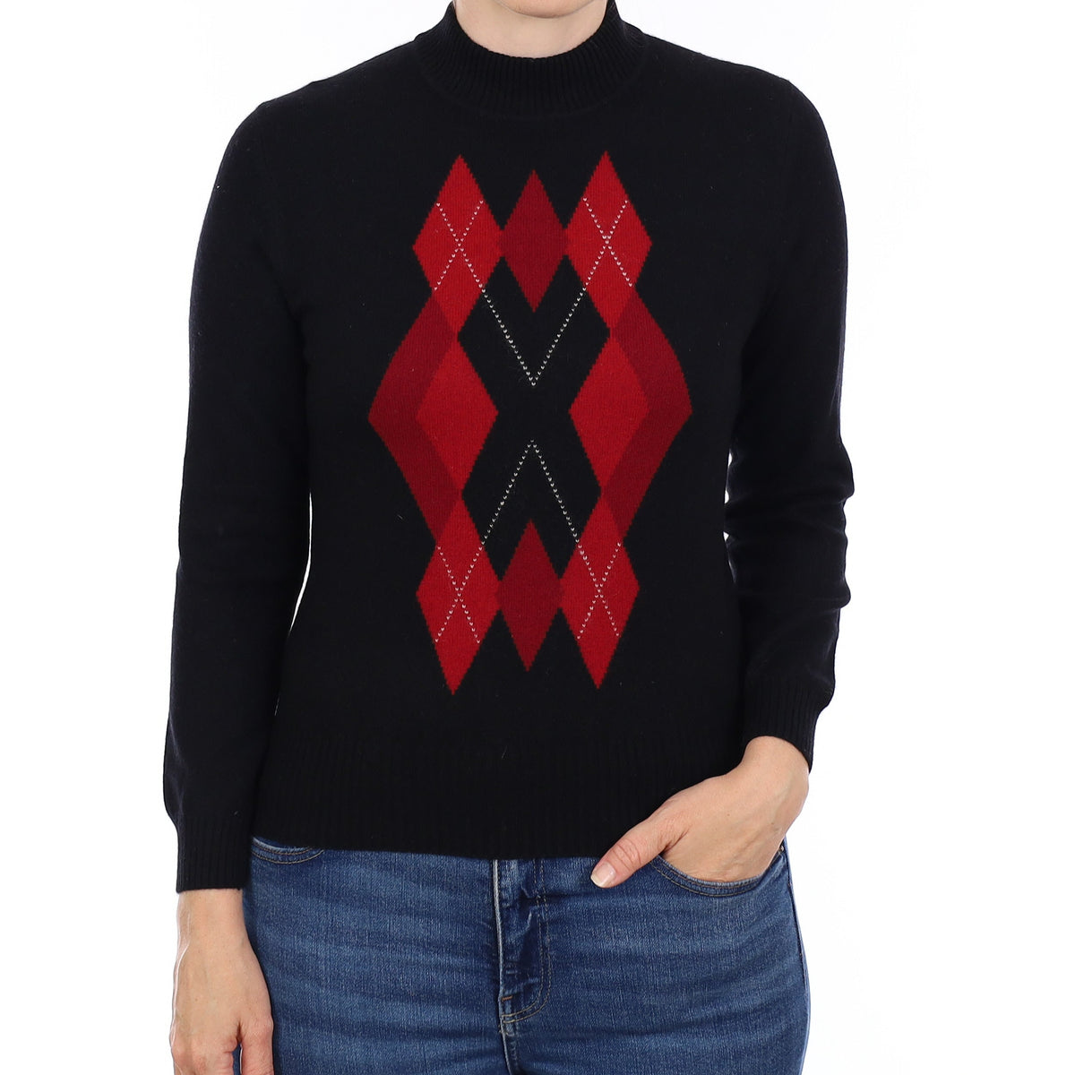 Black & Red Diamond Cashmere Turtleneck Jumper Small
