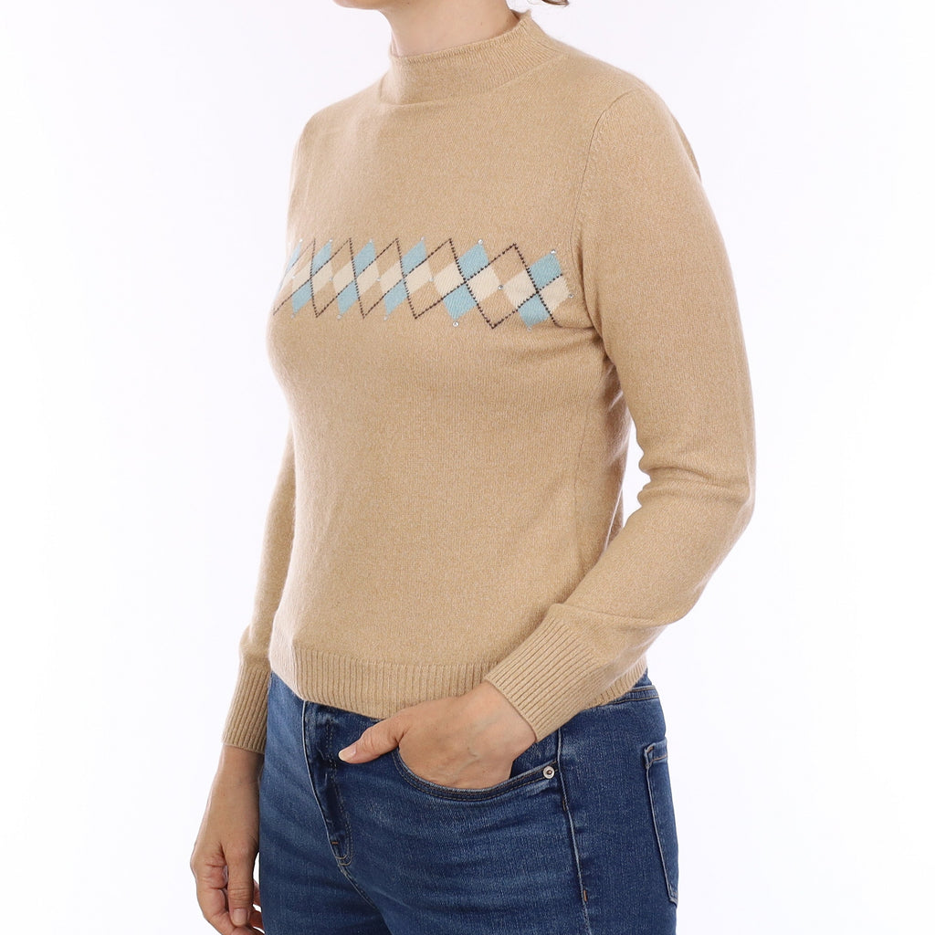 Beige & Blue Diamond Cashmere Turtleneck Jumper Small