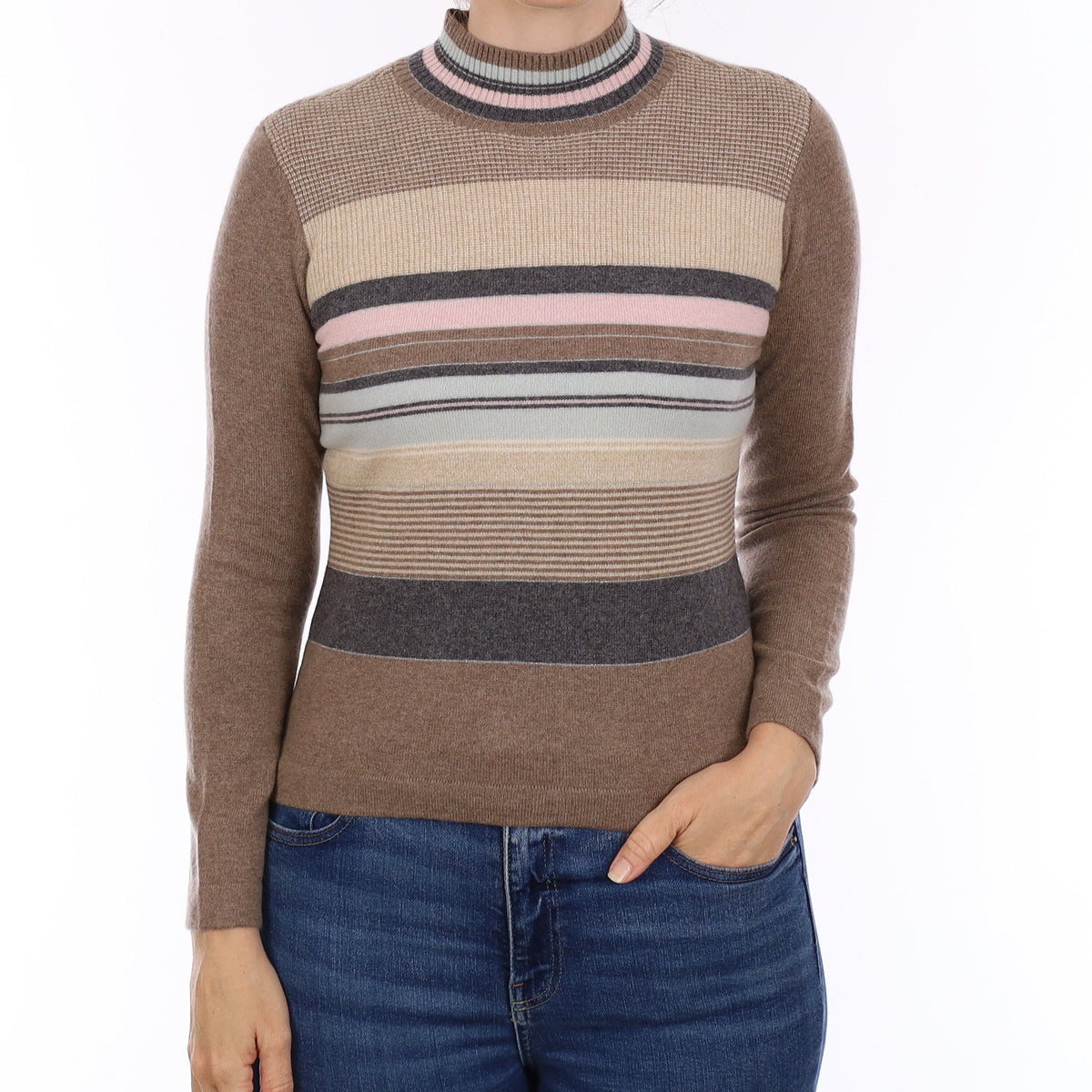 Mocha Brown Stripe Cashmere Turtleneck Jumper Small