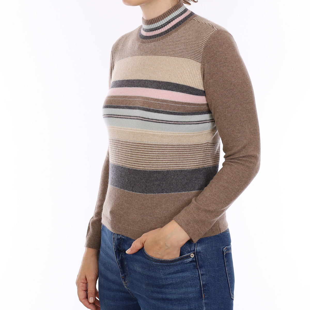 Mocha Brown Stripe Cashmere Turtleneck Jumper Small