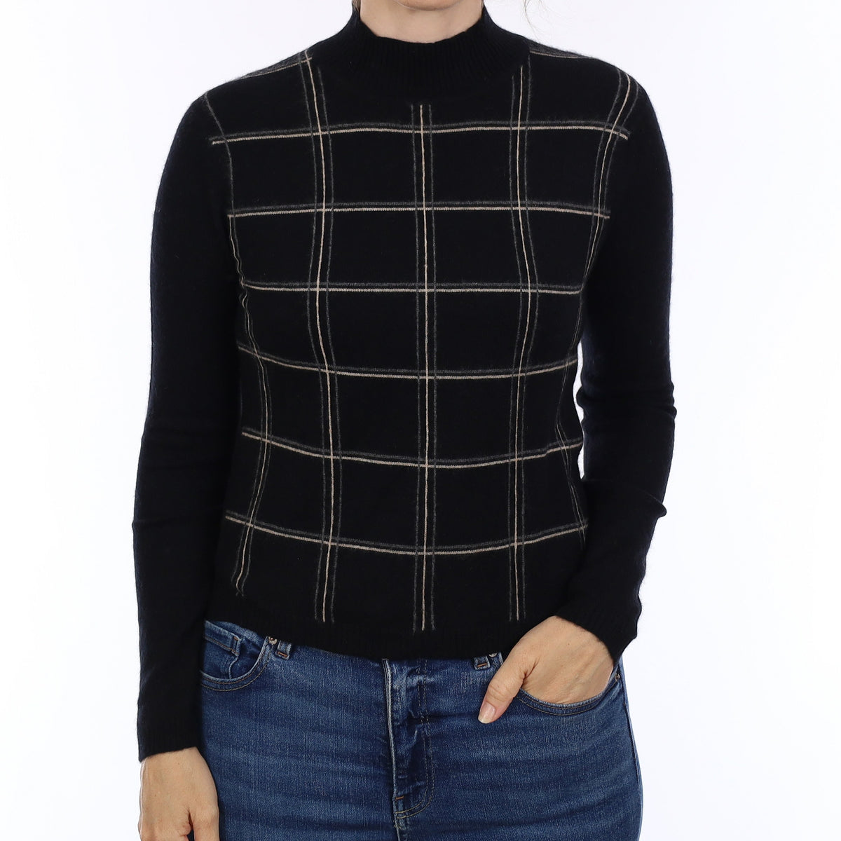 Black Checked Cashmere Turtleneck Jumper Small