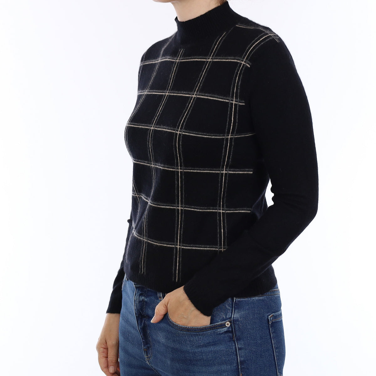 Black Checked Cashmere Turtleneck Jumper Small