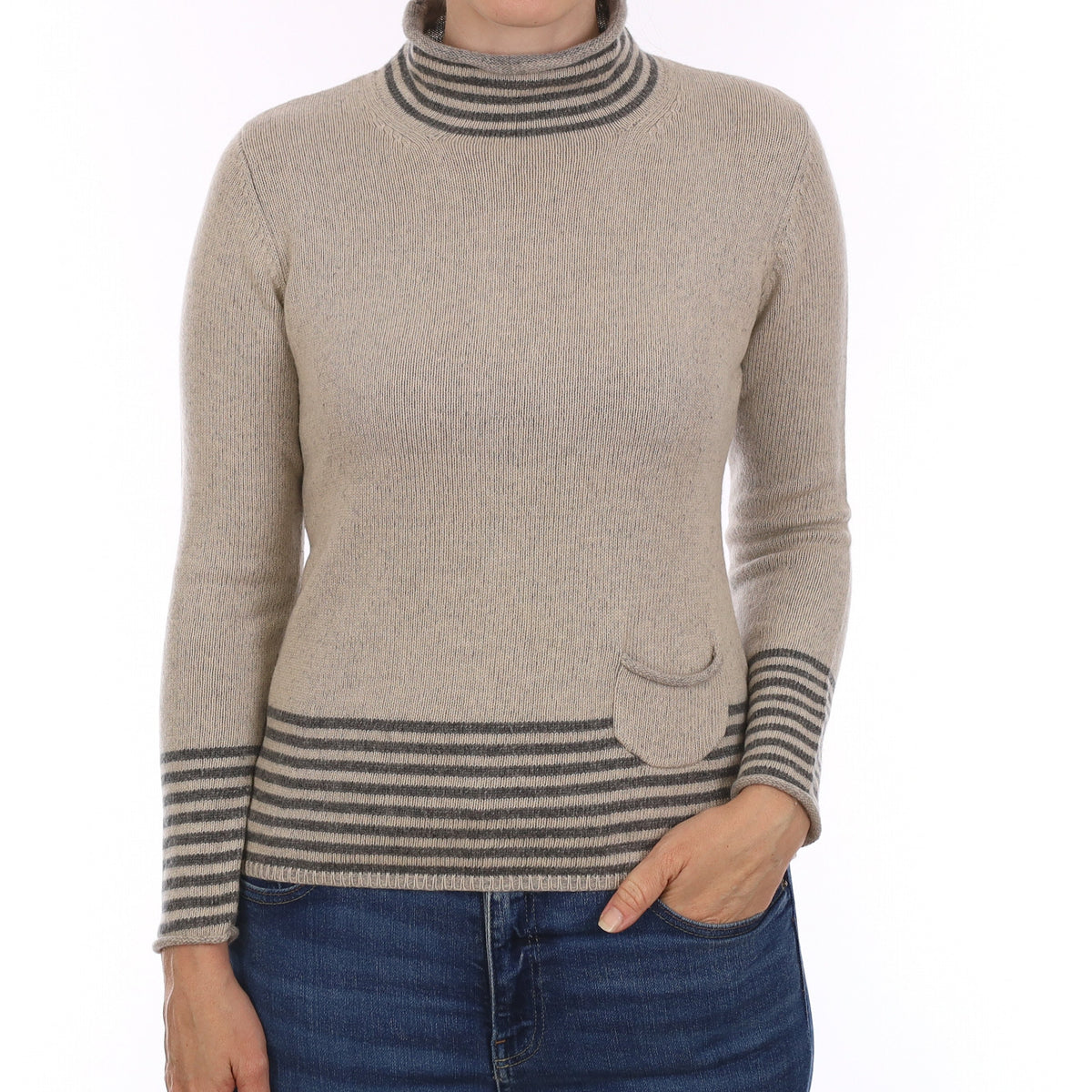 Grey Stripe Heavy Knit Cashmere Funnel Neck Jumper Small