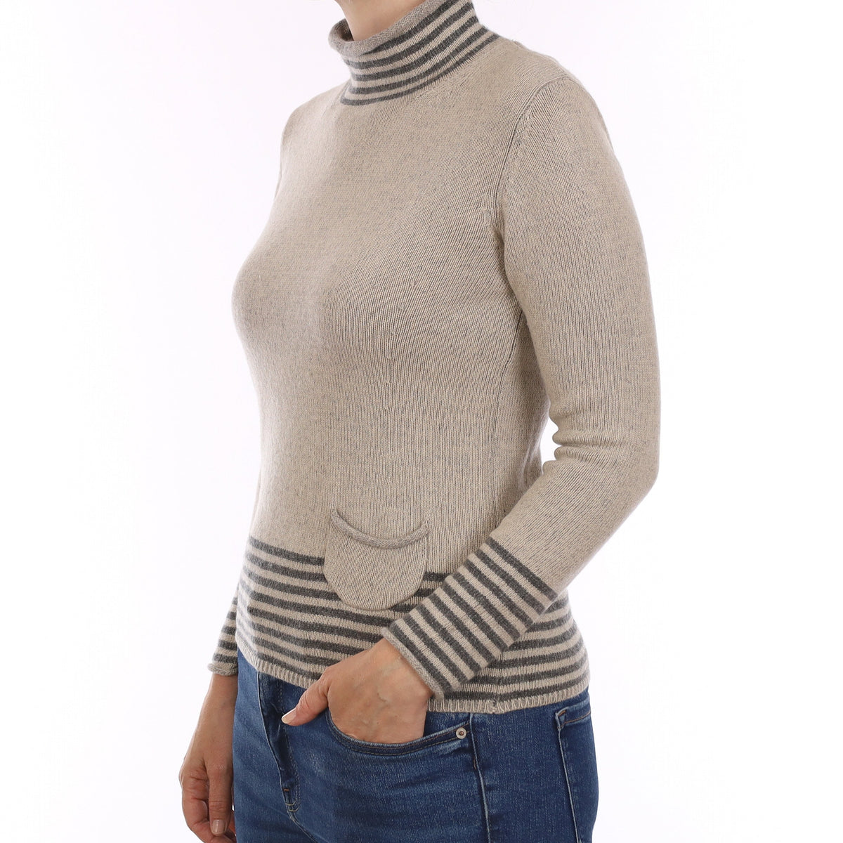 Grey Stripe Heavy Knit Cashmere Funnel Neck Jumper Small